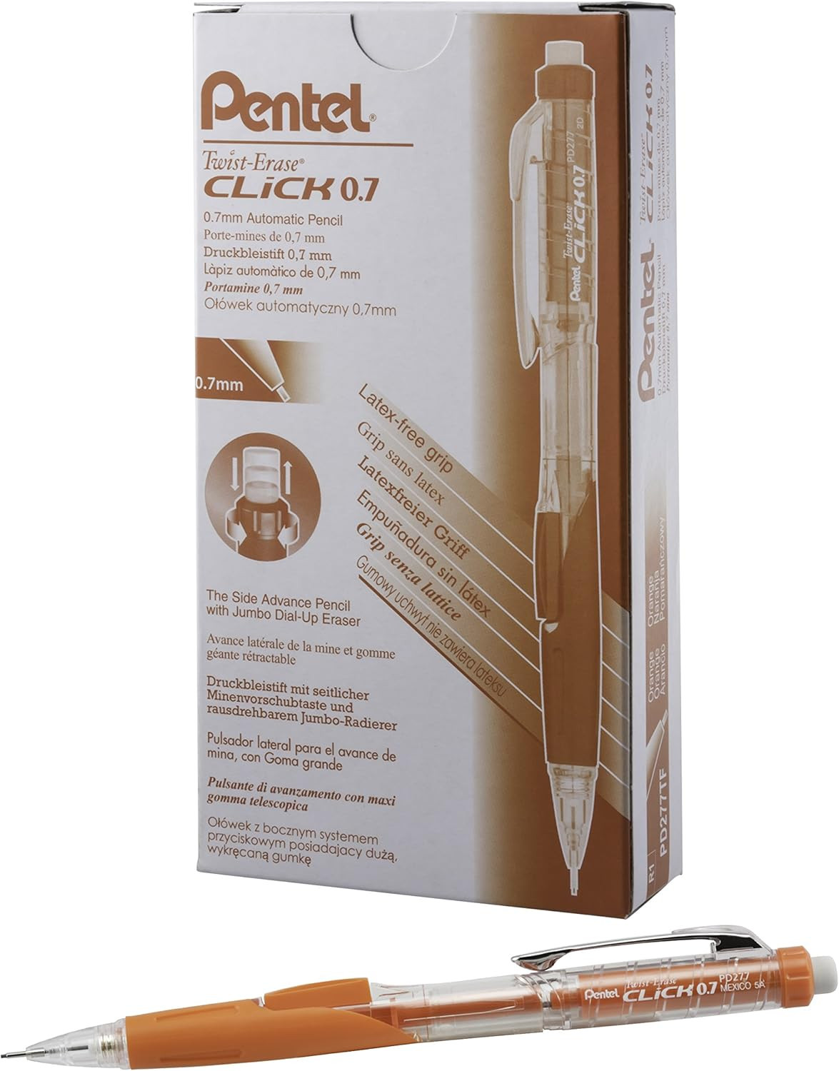 Twist-Erase CLICK Mechanical Pencil, (0.7Mm), CLEAR Barrel, Orange Grip, 12 Pack