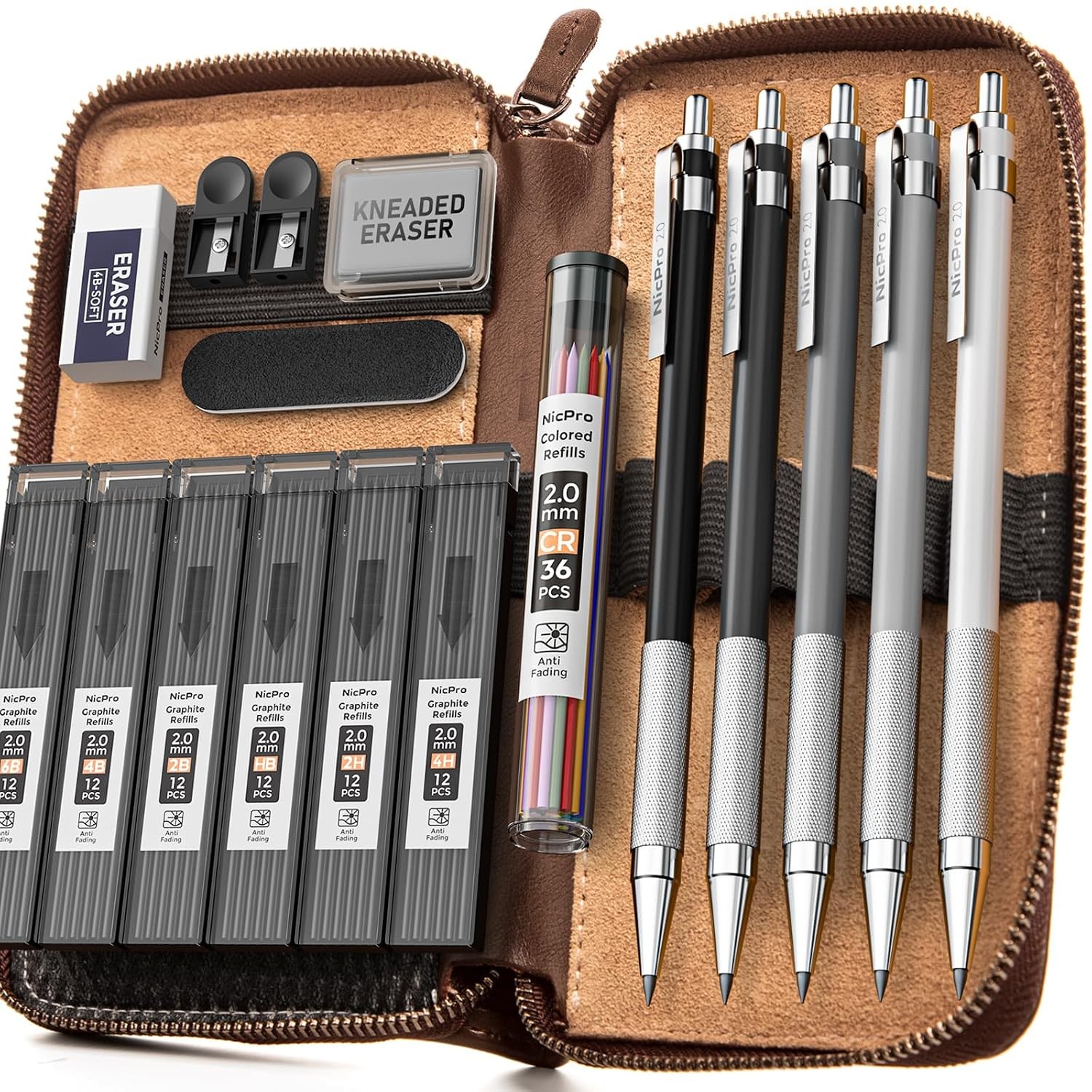 Nicpro 17PCS Metal 2mm Mechanical Pencil Set in Leather Case, 5 PCS 2.0 mm Lead