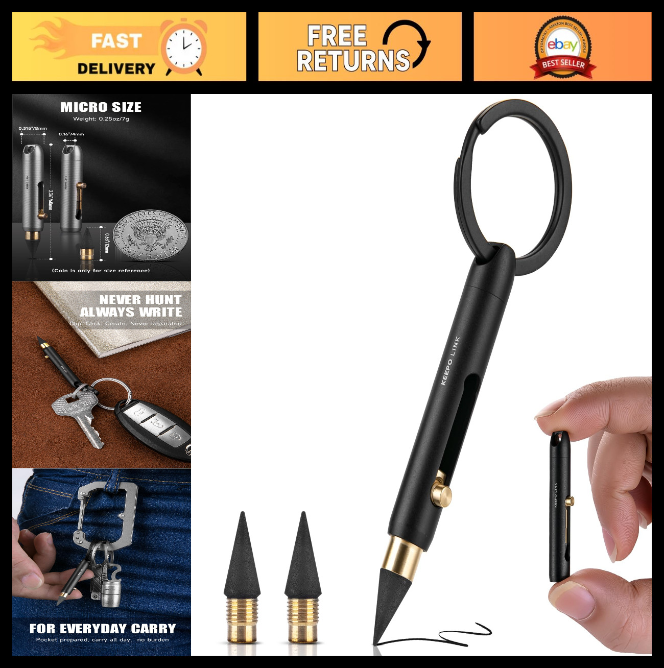 Mini Mechanical Pencil with Key Ring & 2 Extra Nibs – Titanium Keychain EDC Tool