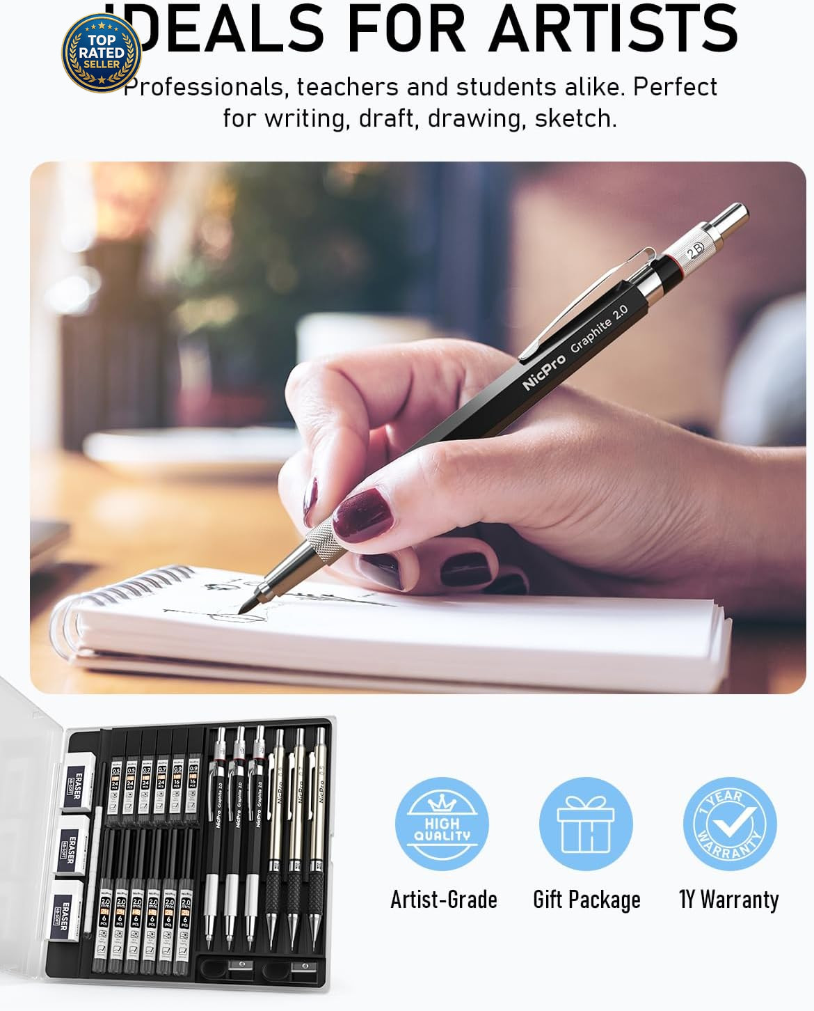 6PCS Art Mechanical Pencil Set, 3PCS Metal Drafting Pencil 0.5 Mm & 0.7 Mm & 0.9