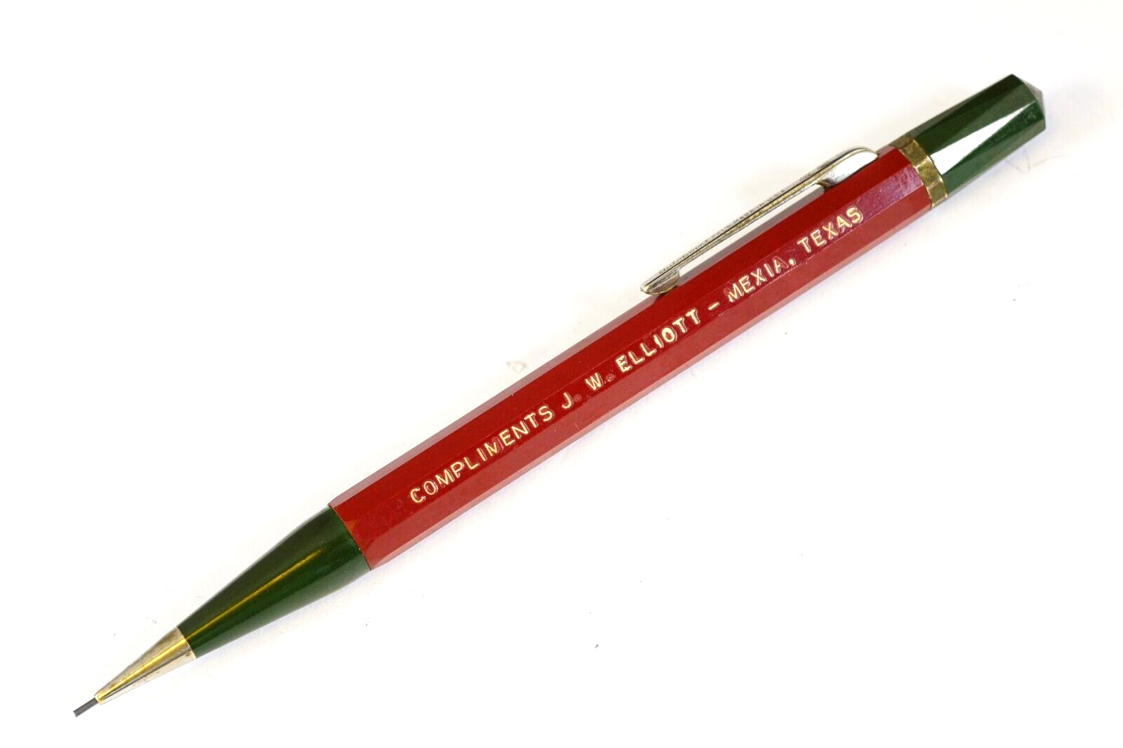 Mexia Texas JW Elliot AUTOPOINT Green & Maroon Real Thin Lead Mechanical Pencil