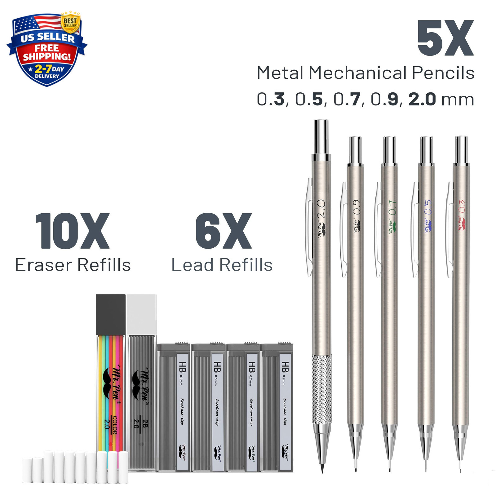 – Metal Mechanical Pencil Set with Lead and Eraser Refills, 5 Sizes, 0.3, 0.5, 0