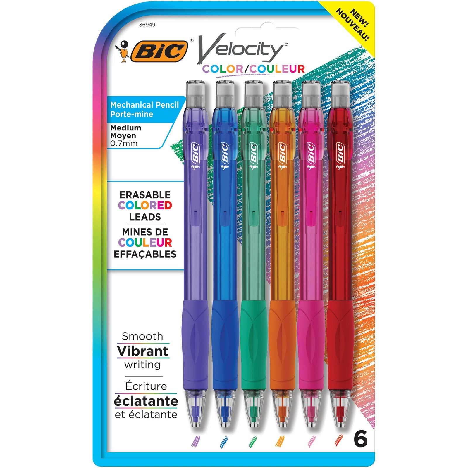 BIC Velocity Mechanical 6 Count (Pack of 1), 0.7mm Colored Lead Pencils