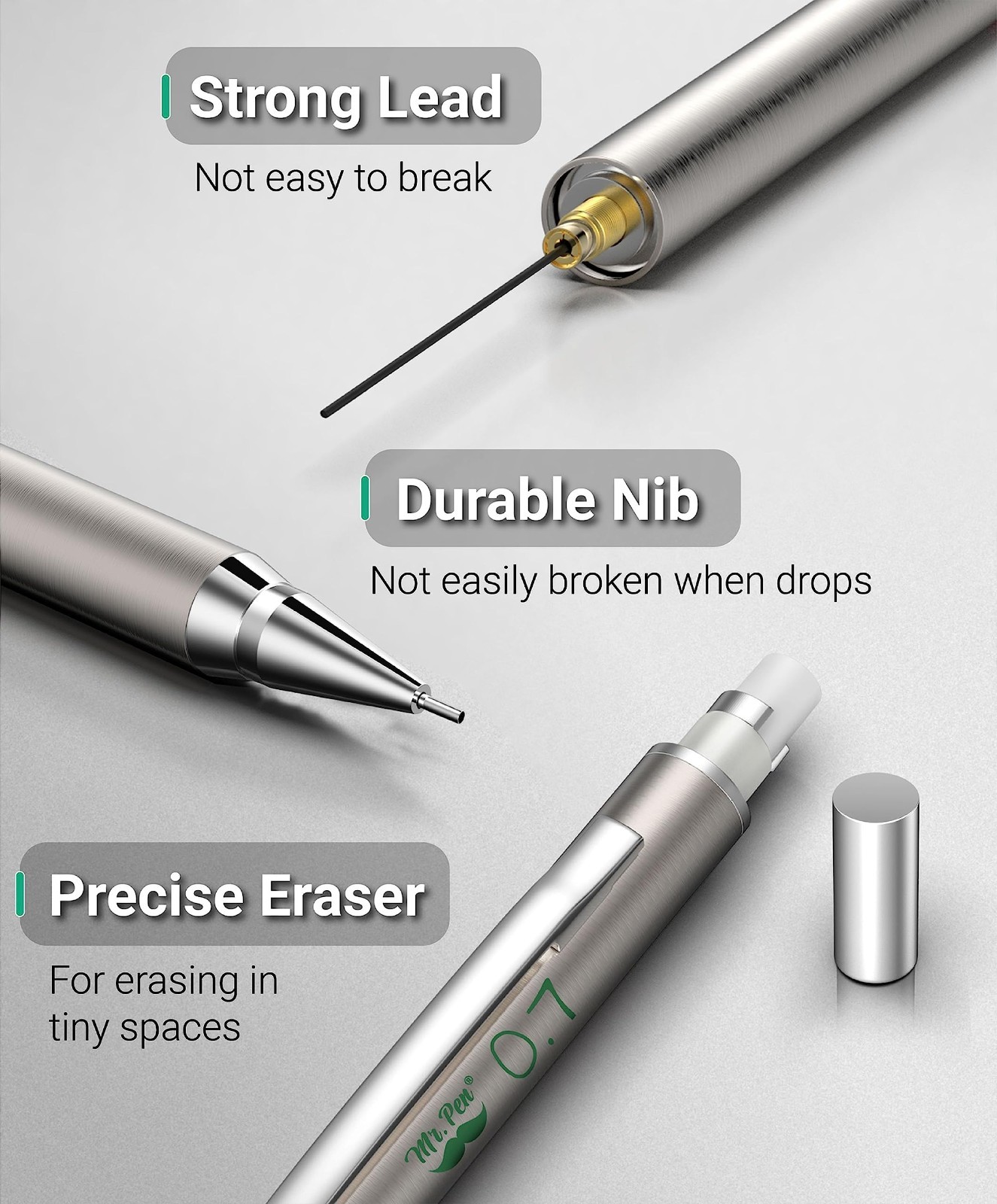 Mr Pen Mechanical Pencil Set 0.7mm 2 Pack HB Lead Refills Erasers Drawing
