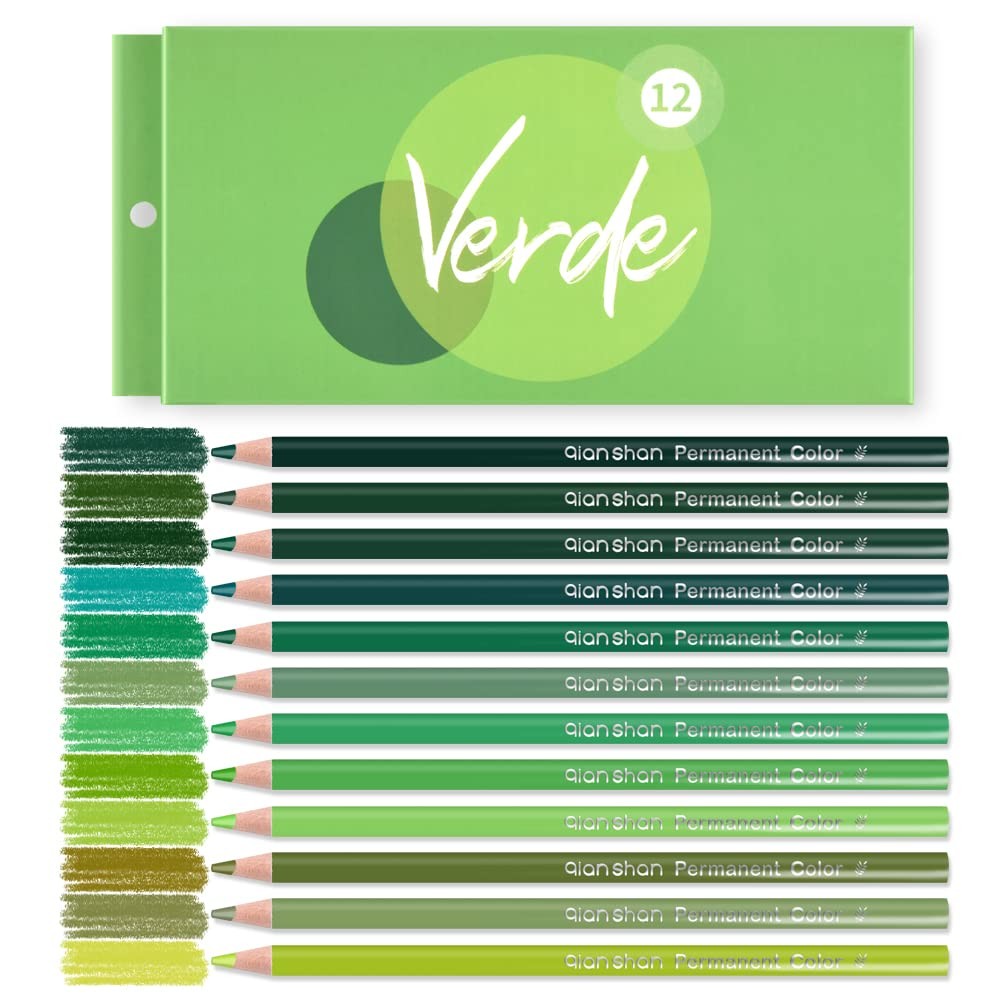 qianshan 12 Green Colored Pencils Oil Based Pre-sharpened 12 green pencils