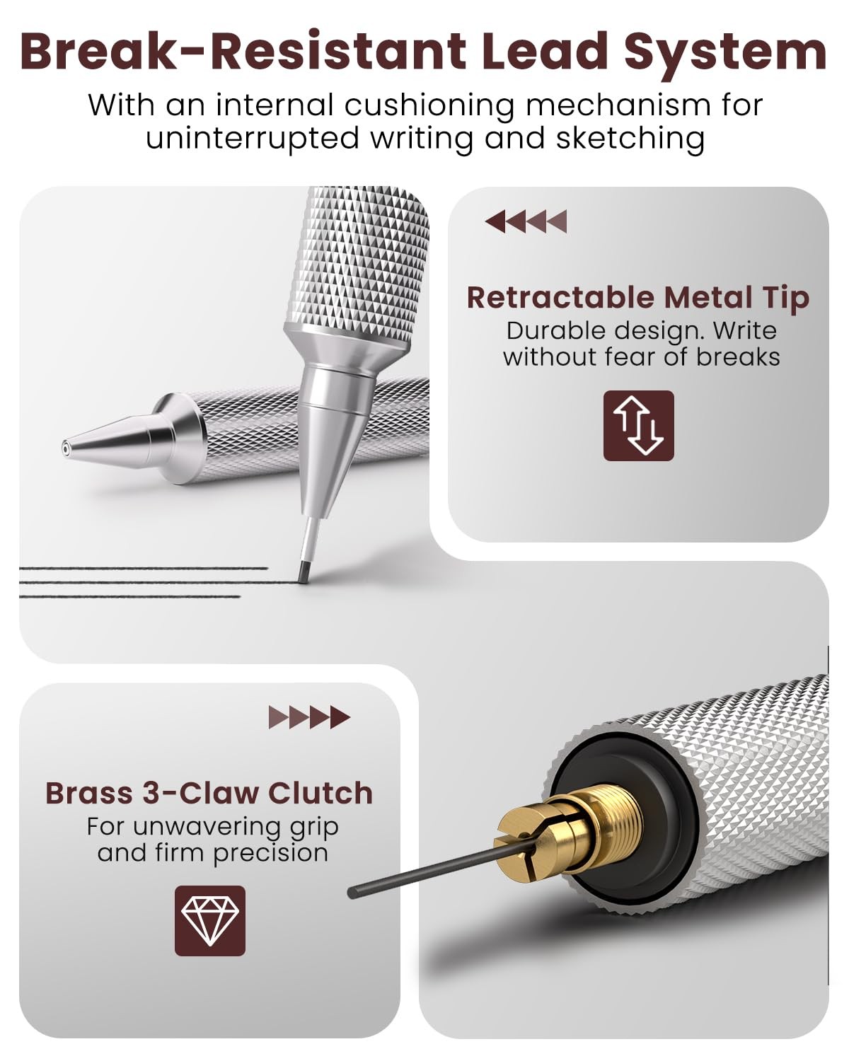 Brown 0.9mm Metal Mechanical Pencil 40 HB Lead Refills Art Drafting Sketching
