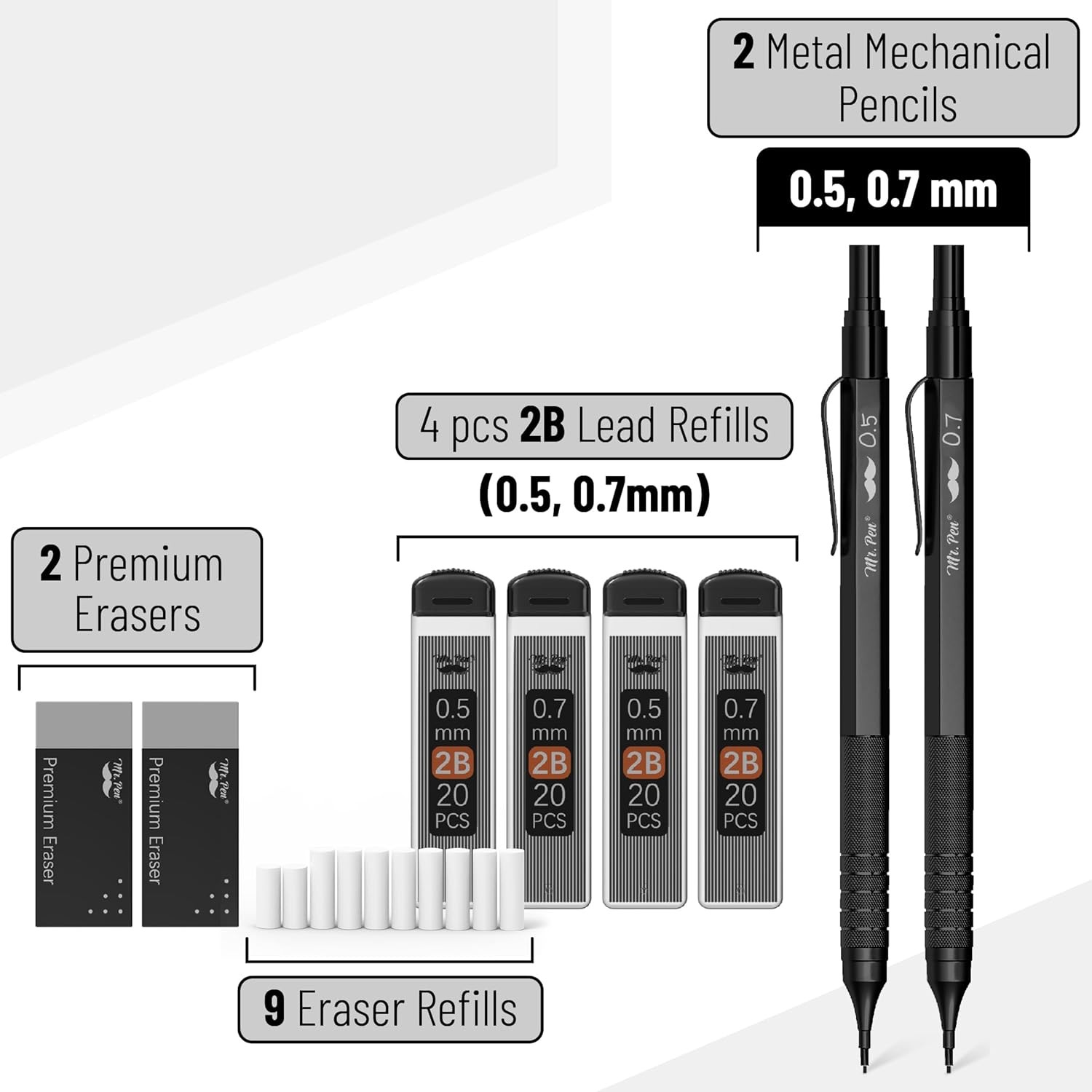 Mr. Pen- Metal Mechanical Pencil Set, 2 Sizes, 0.5 1 Count (Pack of 1), Black
