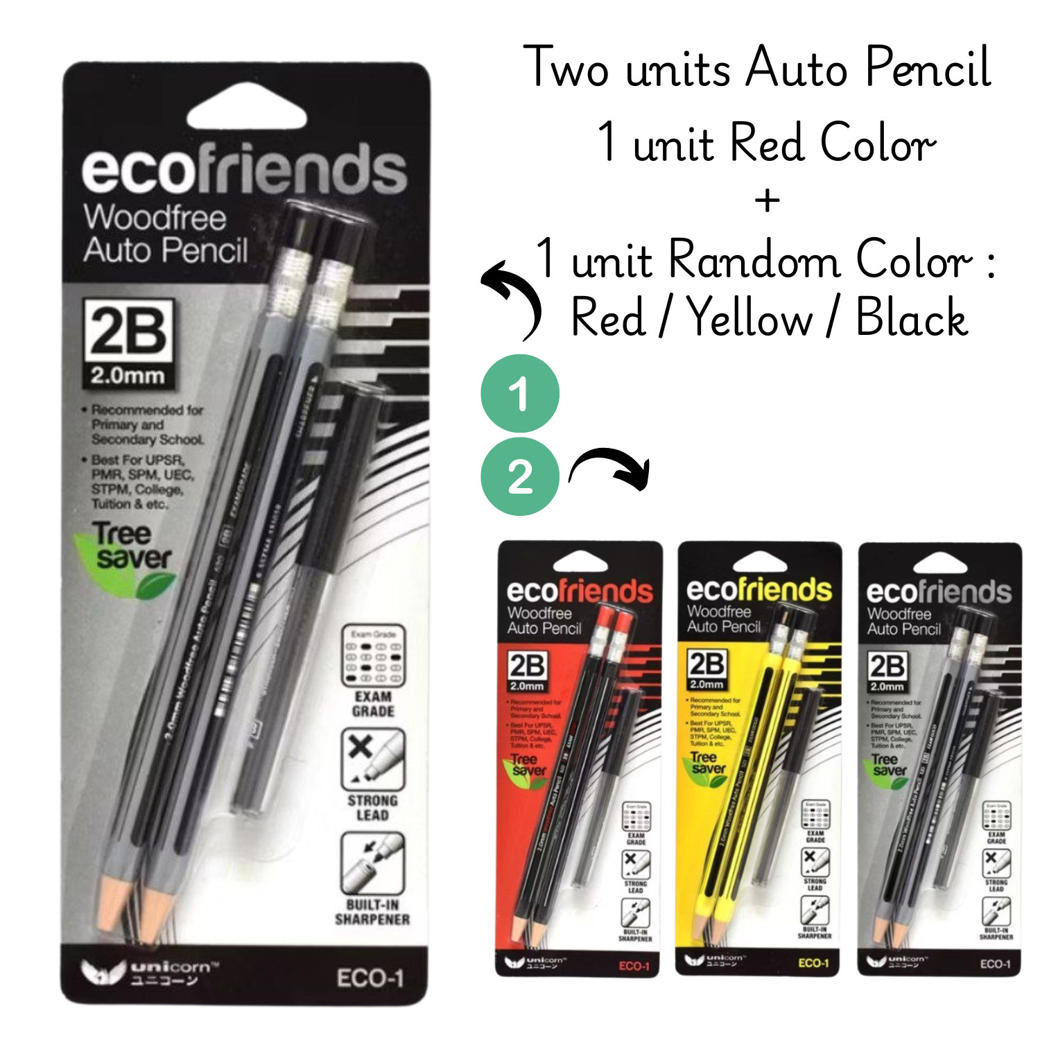 2 Sets (Black + Random) Unicorn Stationery Exam Eco-Friendly Auto Pencil 2.0mm