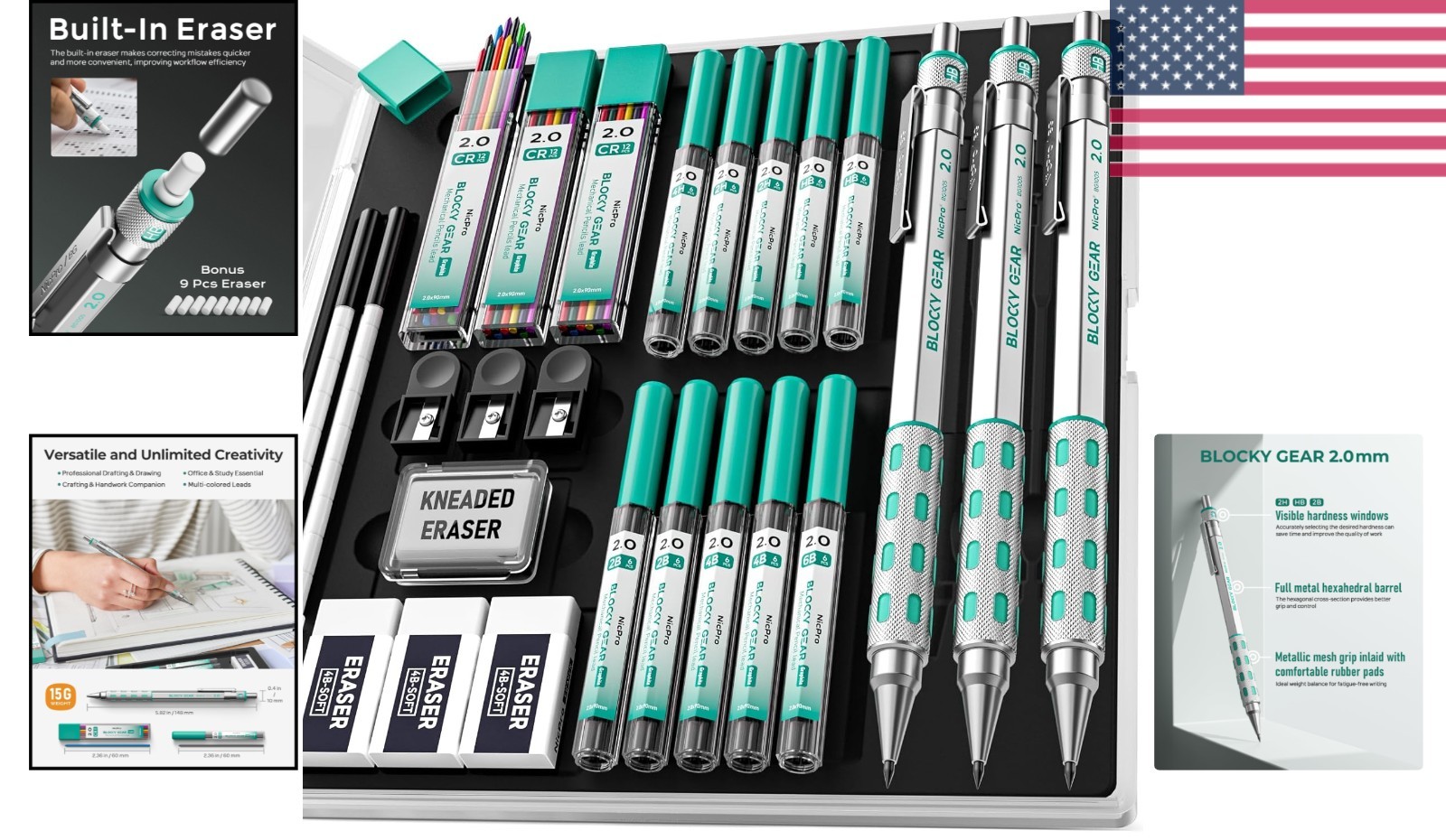 2mm Mechanical Pencils with Assorted Lead Hardness & Complete Eraser Kit