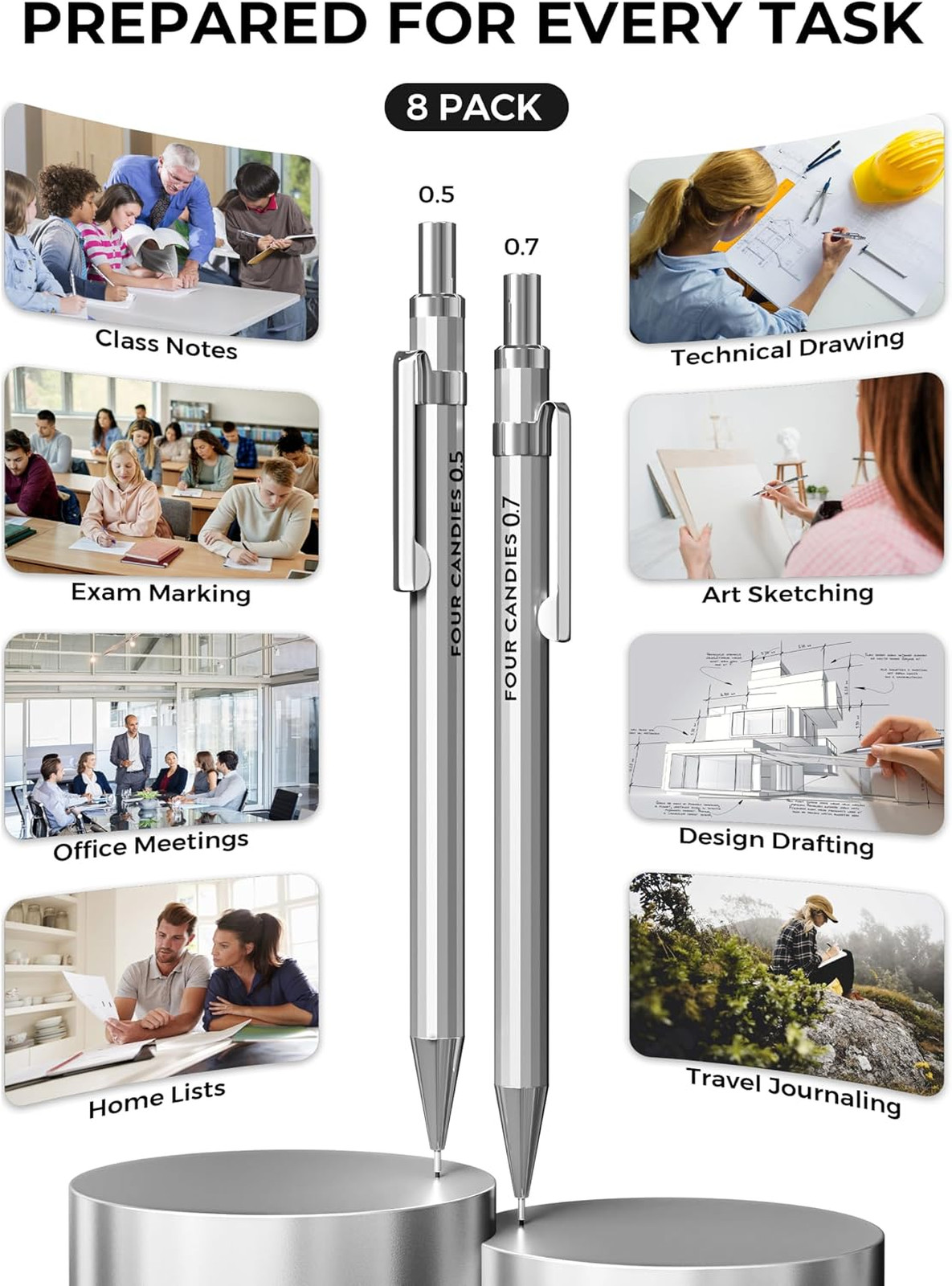 Mechanical Pencil Set 0.5mm 0.7mm Metal Lead Eraser Case for Drawing Art