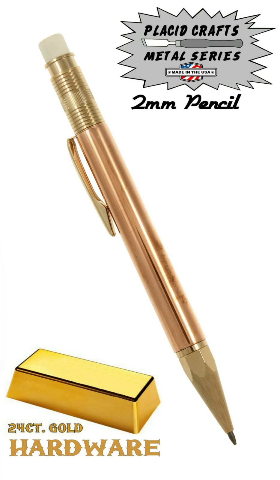 Throw Back Handcrafted 2mm Pencil in 24ct. Gold with Raw Copper Body / #341