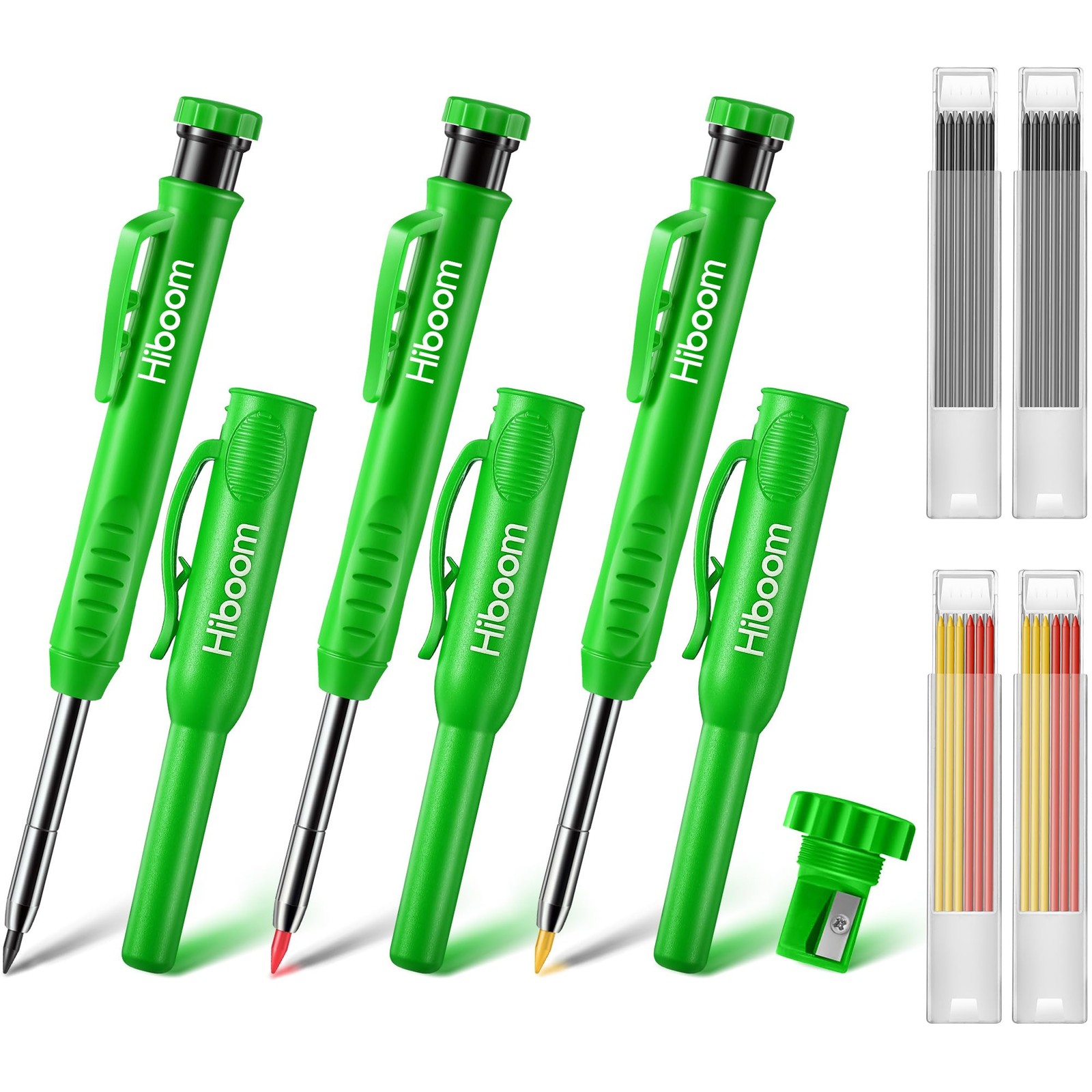 3 Pack Carpenter Pencil with 24 Refills (Red, Black, Yellow), 2.8 mm Heavy Duty