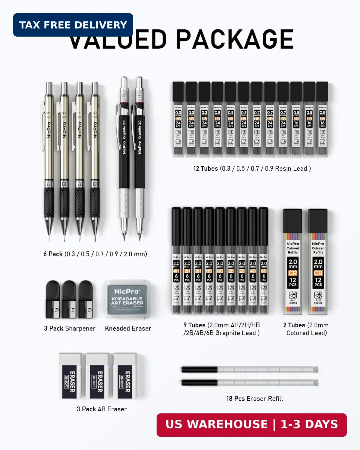 Nicpro 37PCS Art Mechanical Pencil Set, 4PCS Metal Drafting Pencil 0.3mm, 0.5 mm