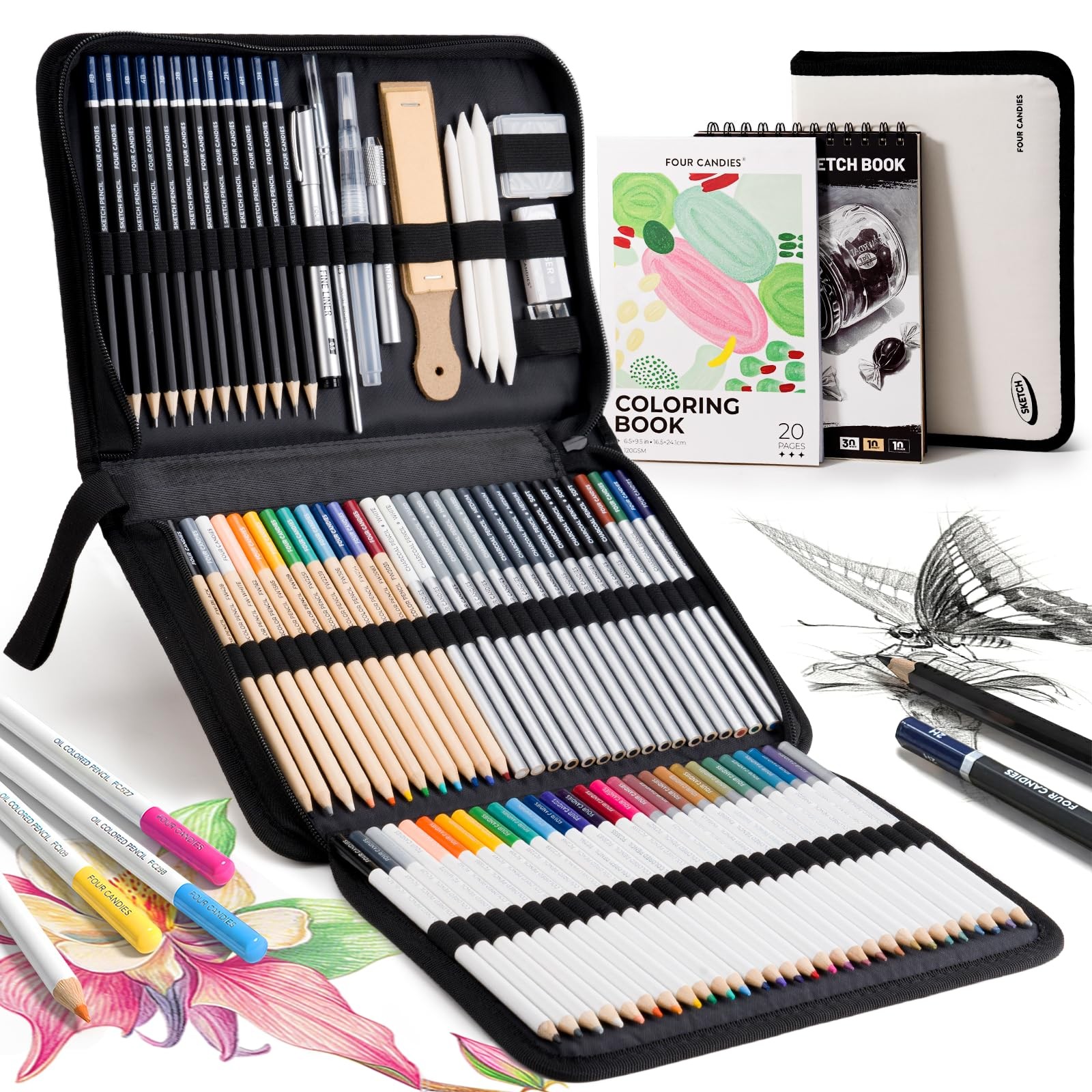 Four Candies 87 Pack Sketching Kit for Artist Gifts, Art Supplies, Multicolor
