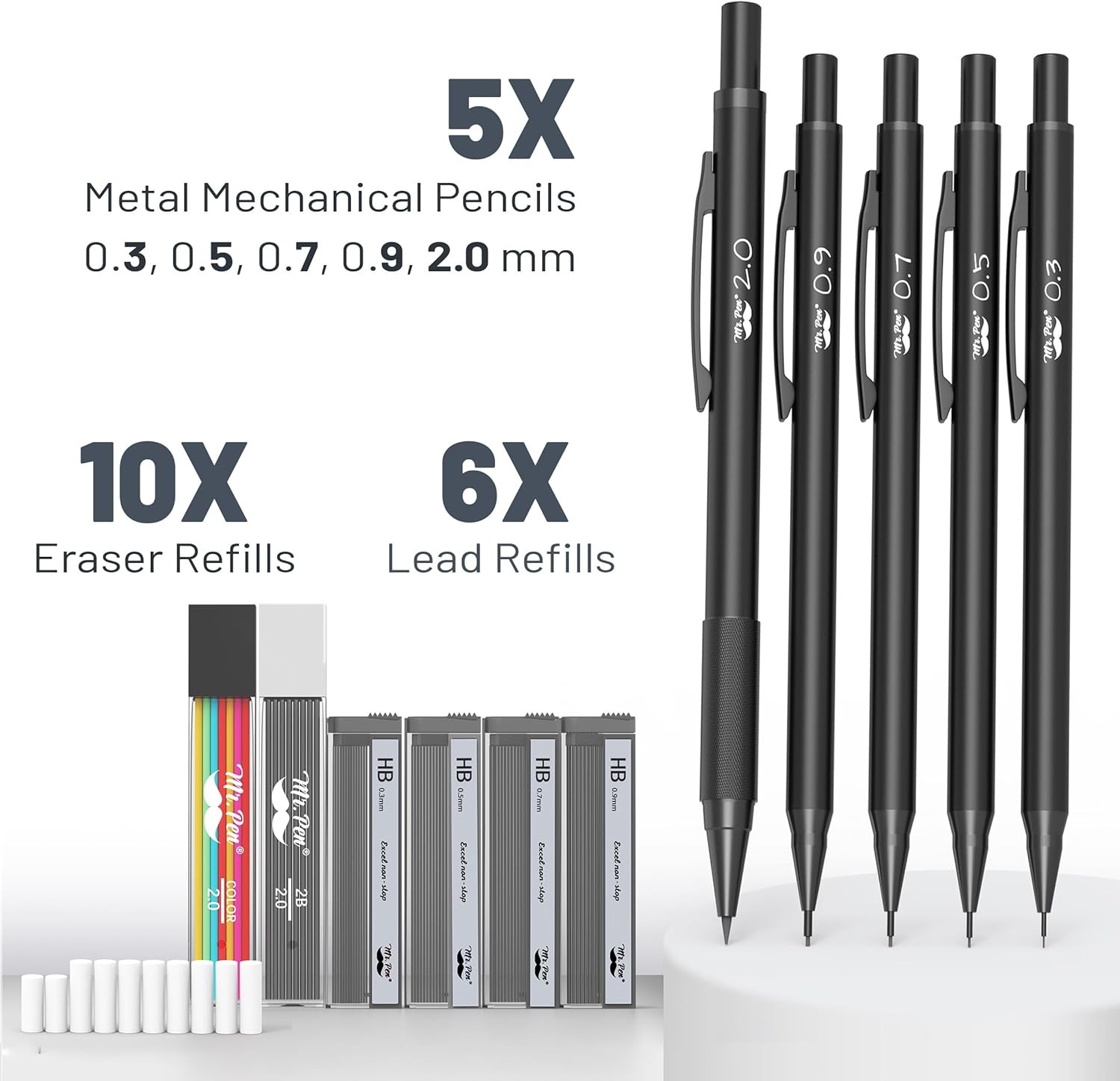 Mr. Pen- Metal Mechanical Pencil Set with Lead and Eraser Refills, 5 Sizes