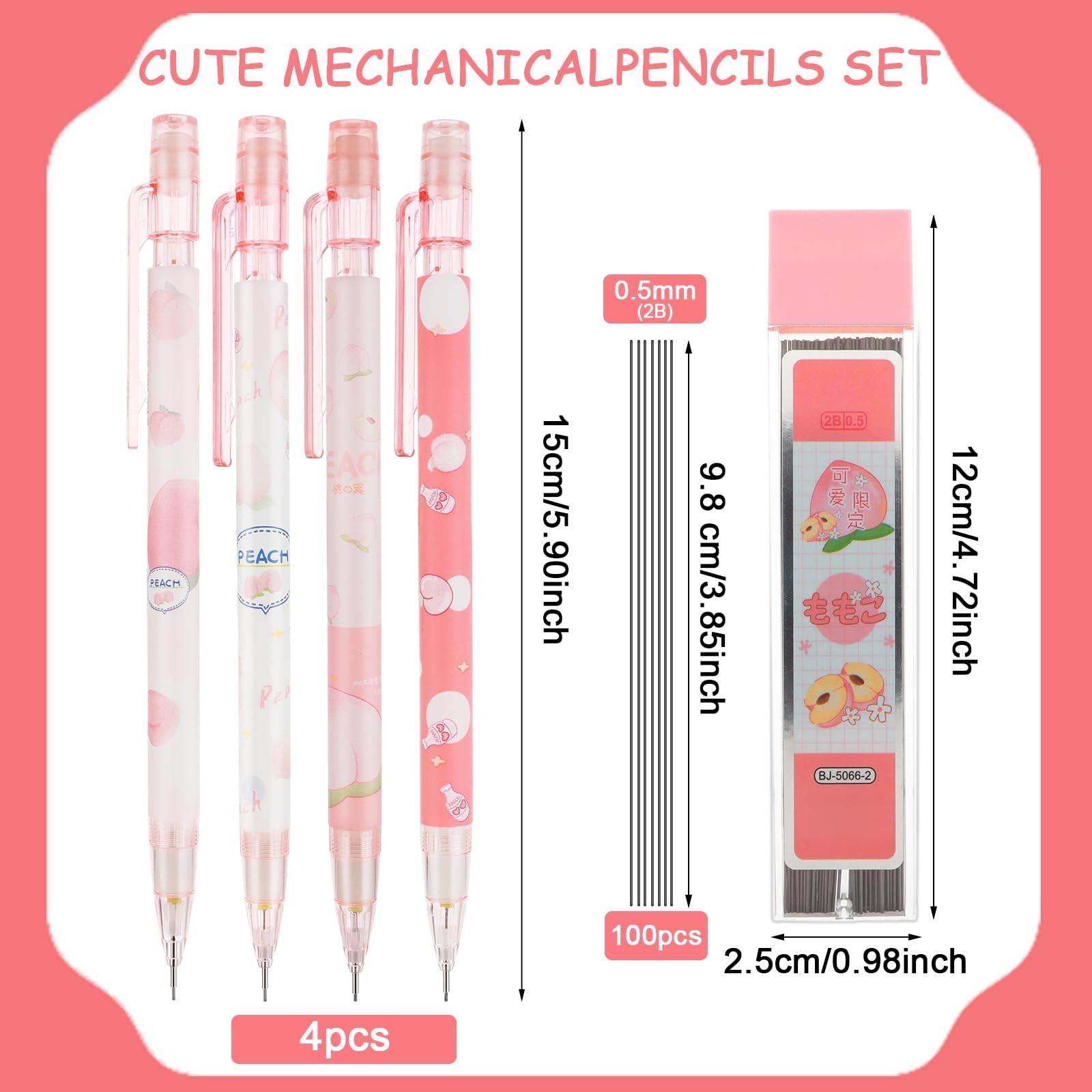 Cute Mechanical Pencil Set Include 4 Pcs 0.5Mm Kawaii Mechanical and 100 Pcs Pe
