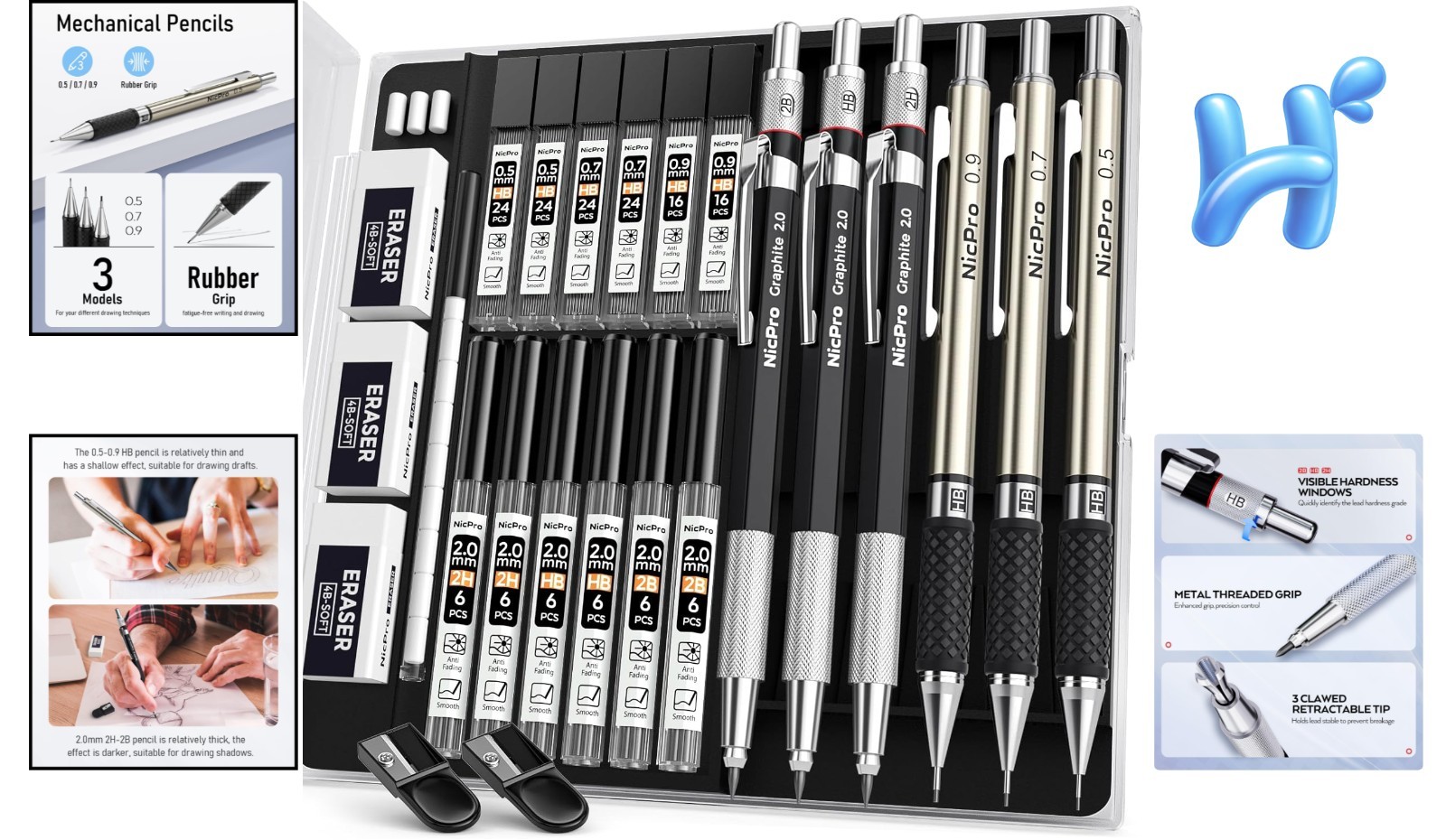 All-in-One Mechanical Pencil Set for Artists: 6PCS with Erasers & Sharpeners