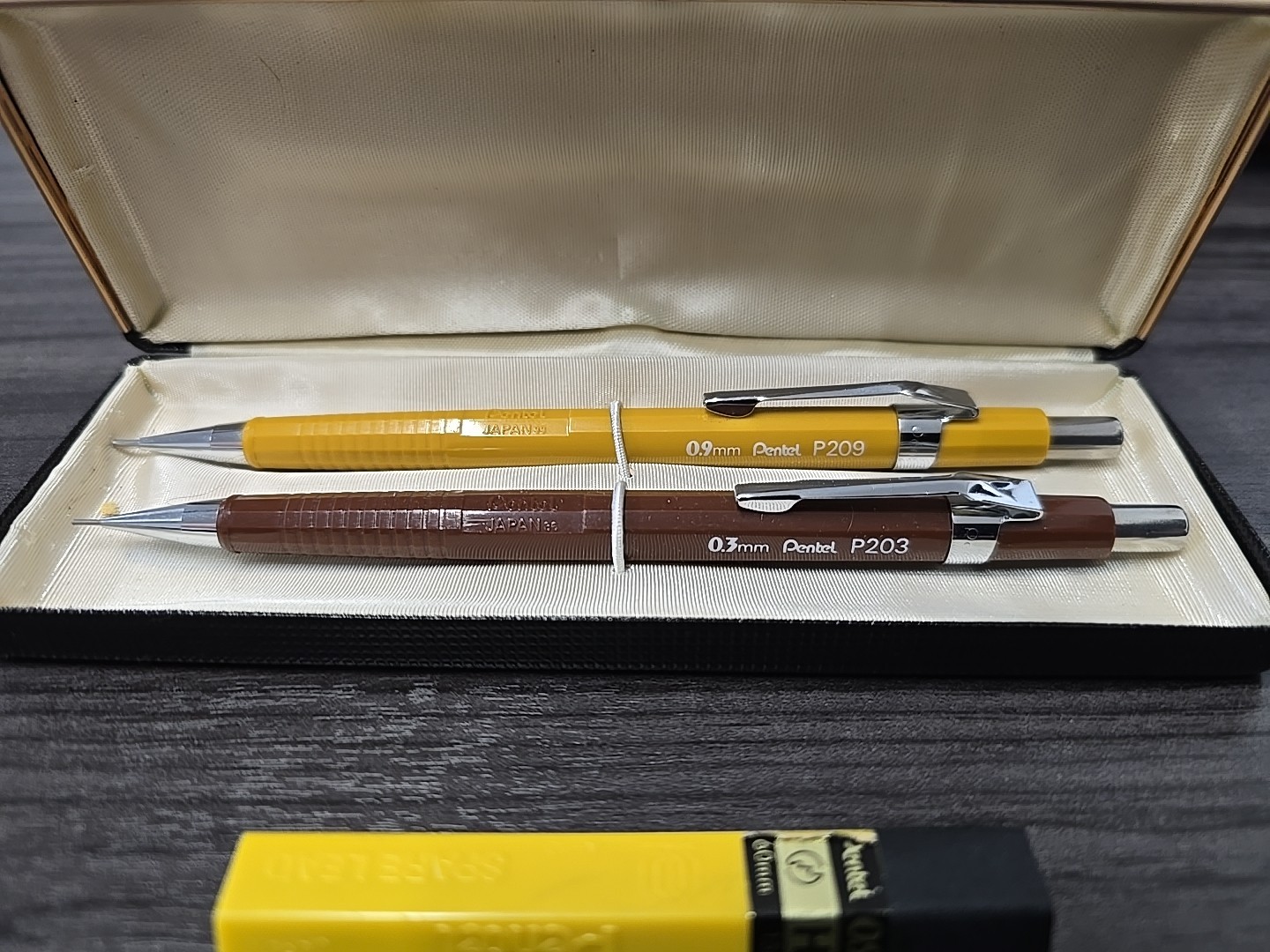 2 Vintage Pentel Mechanical Pencils P203 0.3mm Brown & P209 0.9mm Yellow & Case