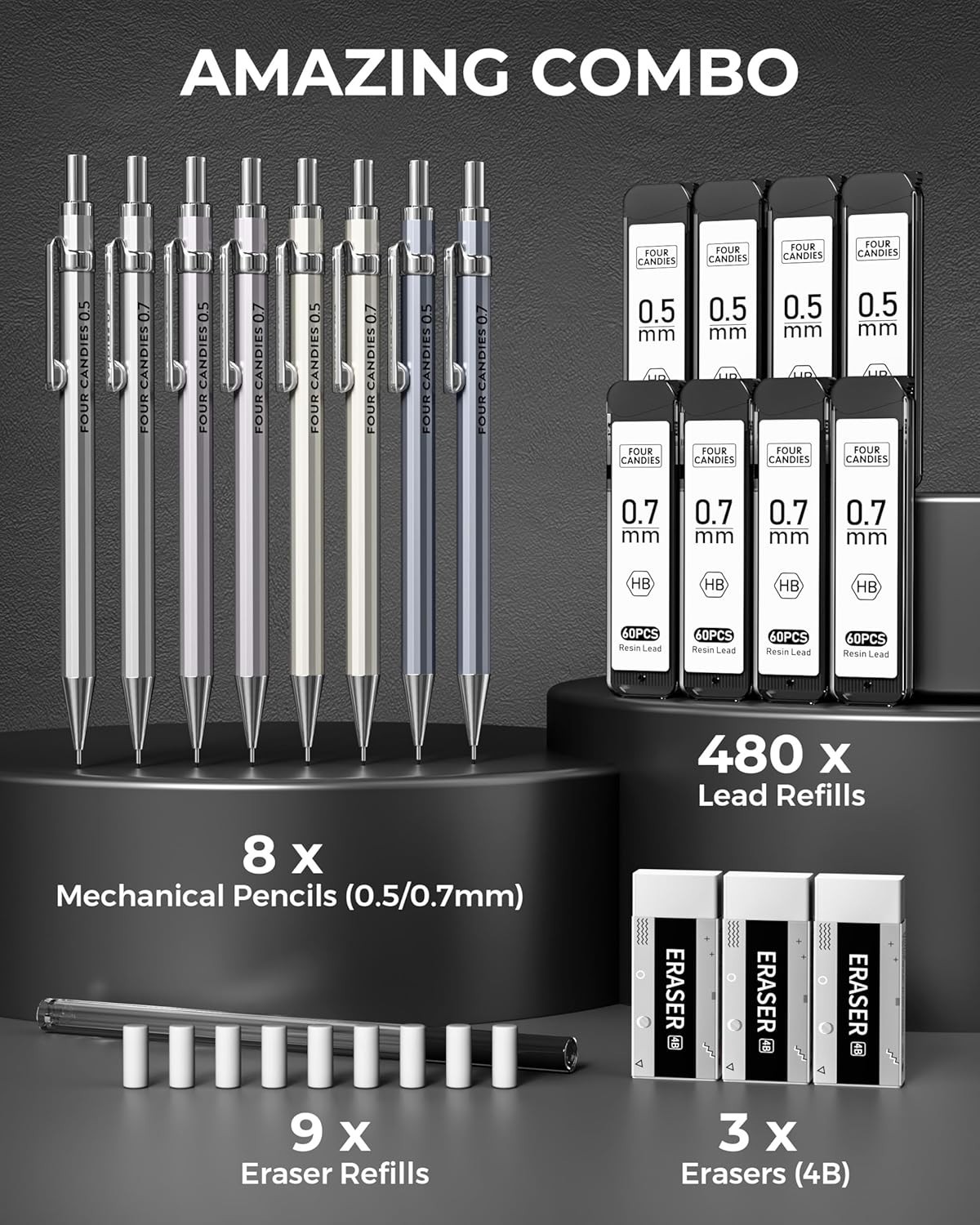 Professional 8 Piece Metal Mechanical Pencil Set for Writing, Drawing & Drafting