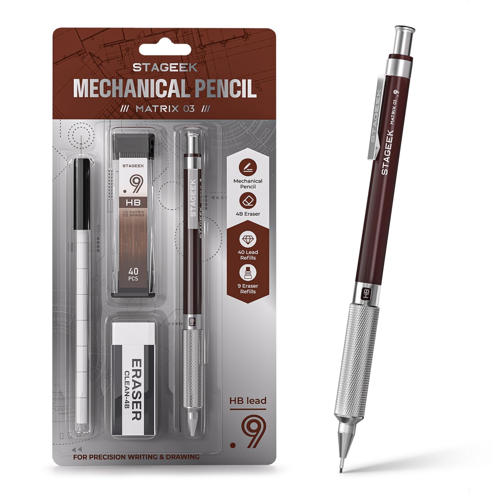 0.9mm Mechanical Pencil Metal Art Drafting Eraser 40 HB Lead Refills Brown
