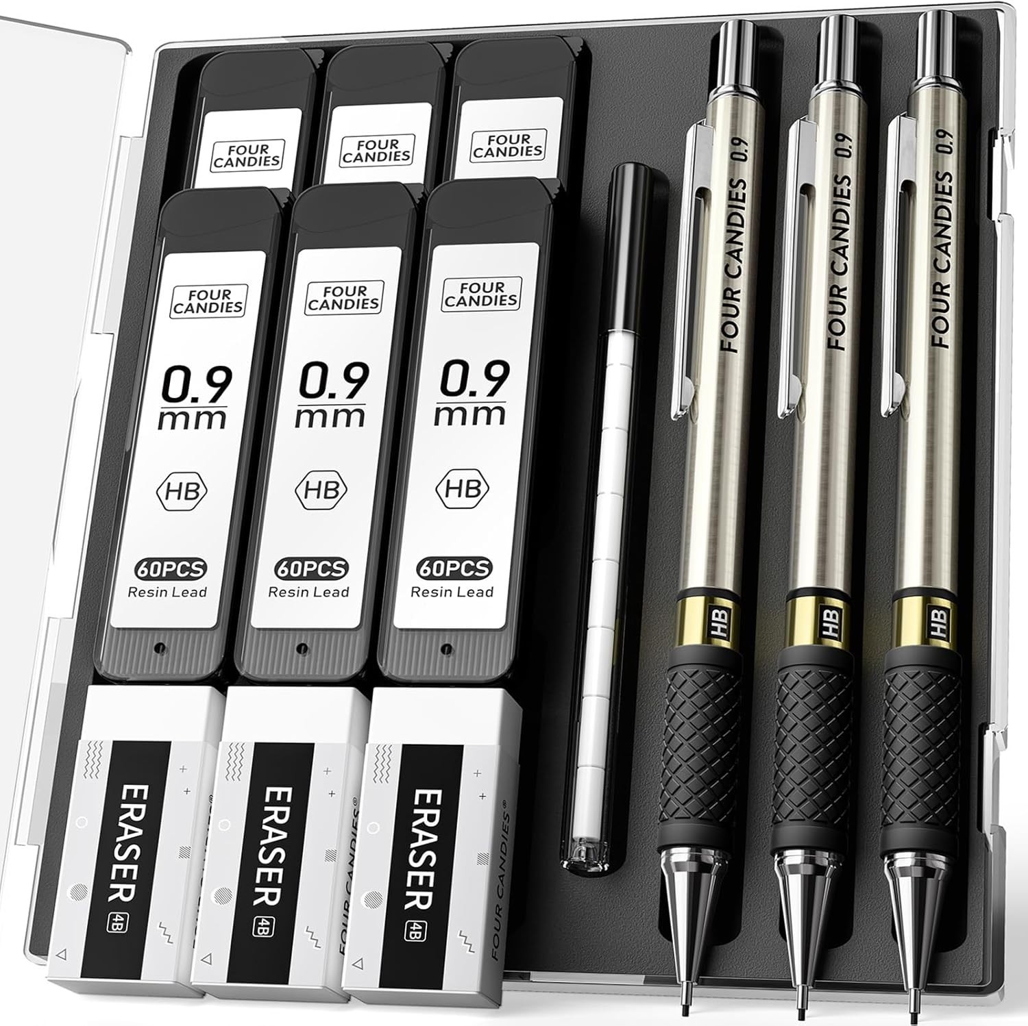Metal Mechanical Pencil Set – 3PCS 0.9Mm Art Mechanical Pencils & 360PCS HB Lead