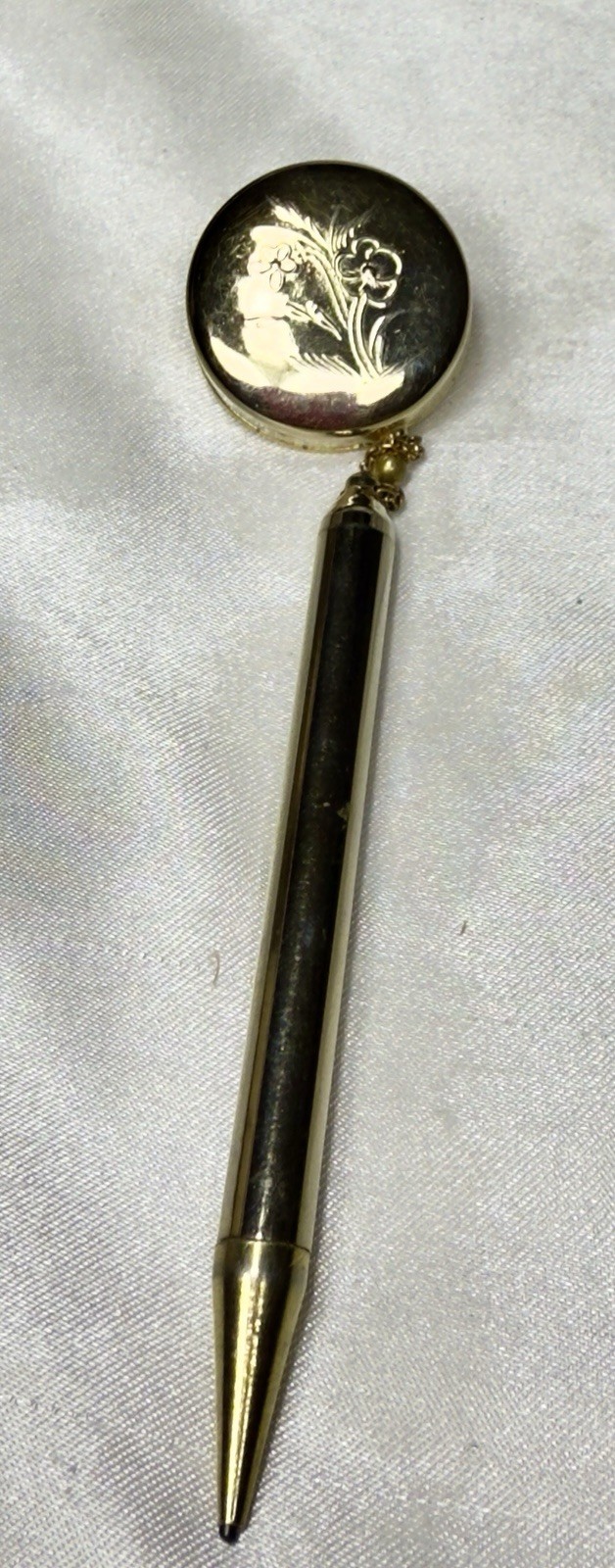 Vtg Gold Tone Retractable Chain Brooch Pin with Mechanical Pencil Flower Etched