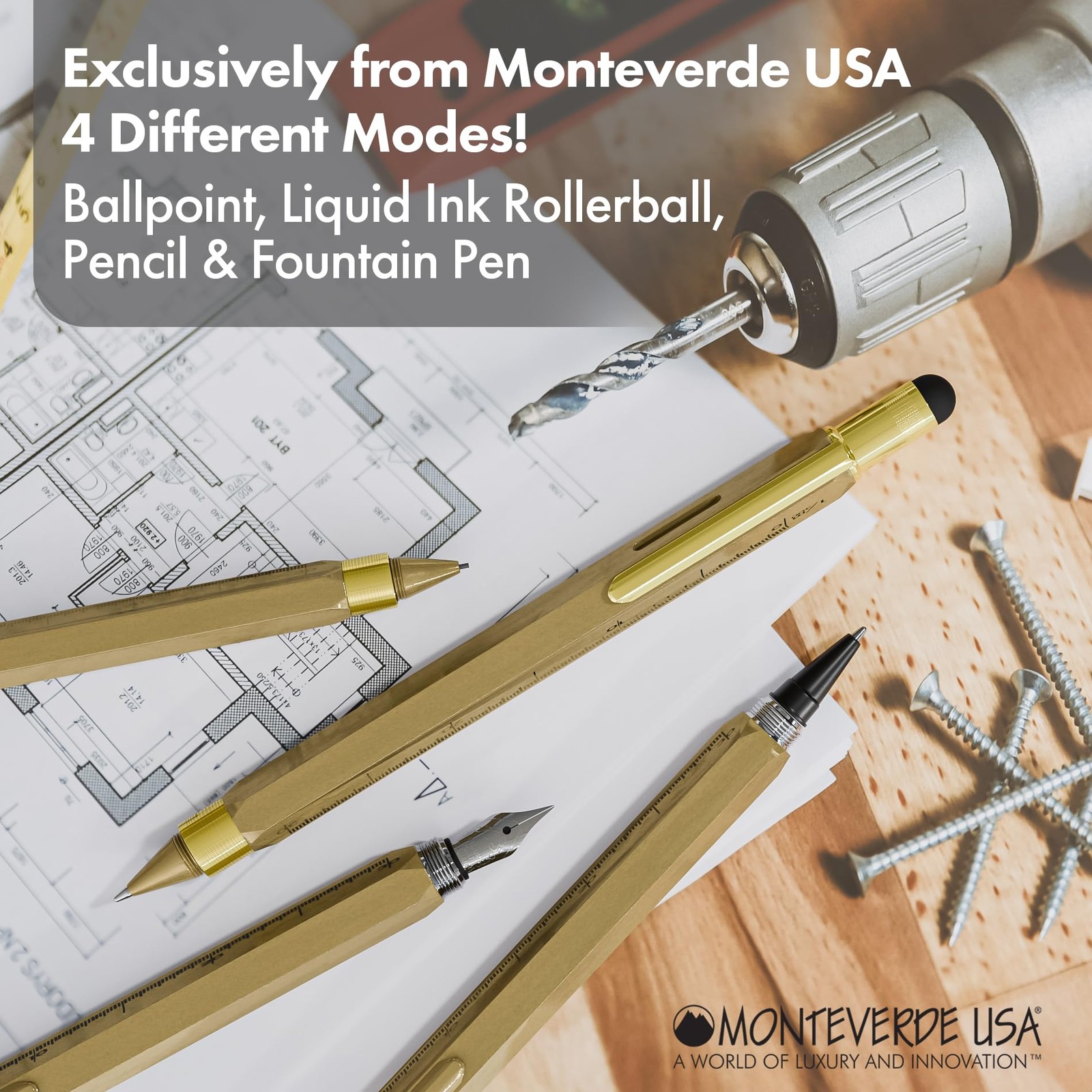 USA 9-in-1 Tool Mechanical Pencil in Brass – Hand-Machined Multifunctional Pe…
