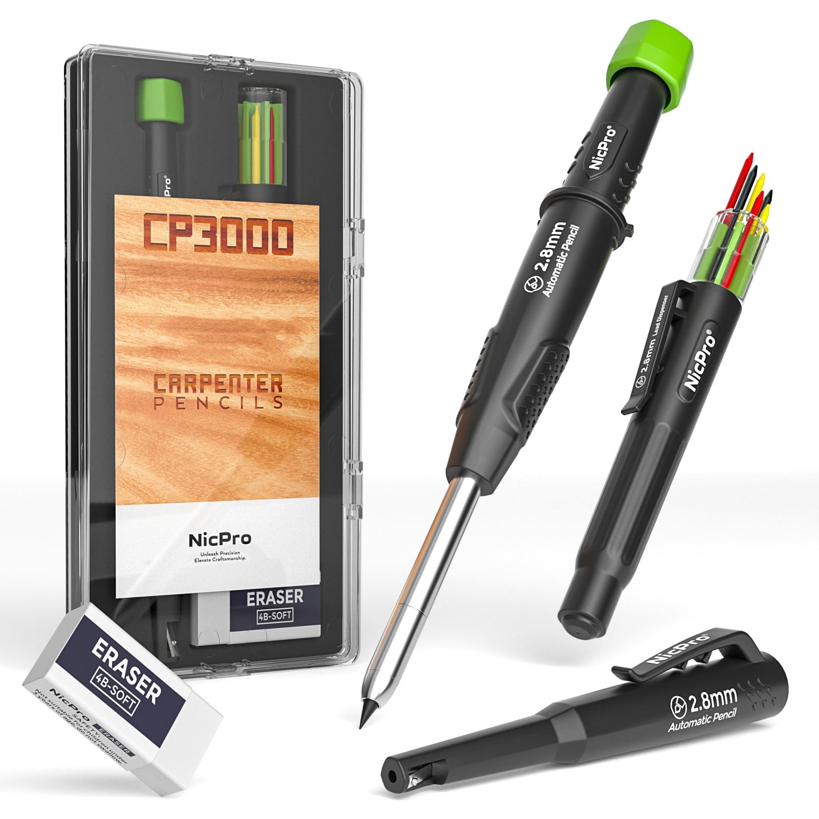 Nicpro Carpenter Pencil with Sharpener, CP3000 1 Count (Pack of 5), Black