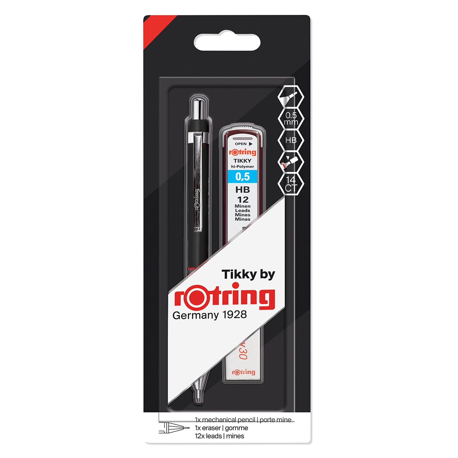 Tikky Mechanical Pencil Set HB 0.5mm Black Barrel 12 Leads Eraser School