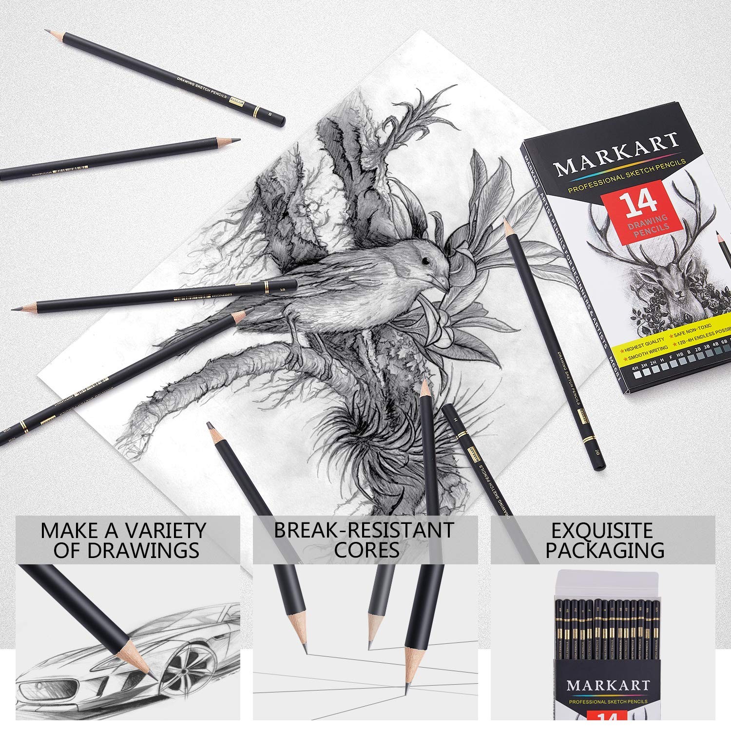 MARKART Professional Drawing Sketching Pencil Set – 14 Black