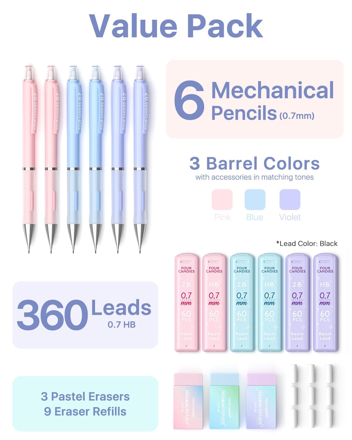 6 PCS 0.7mm Mechanical Pencil Set 360 PCS HB/2B Lead 12 Erasers Pastel