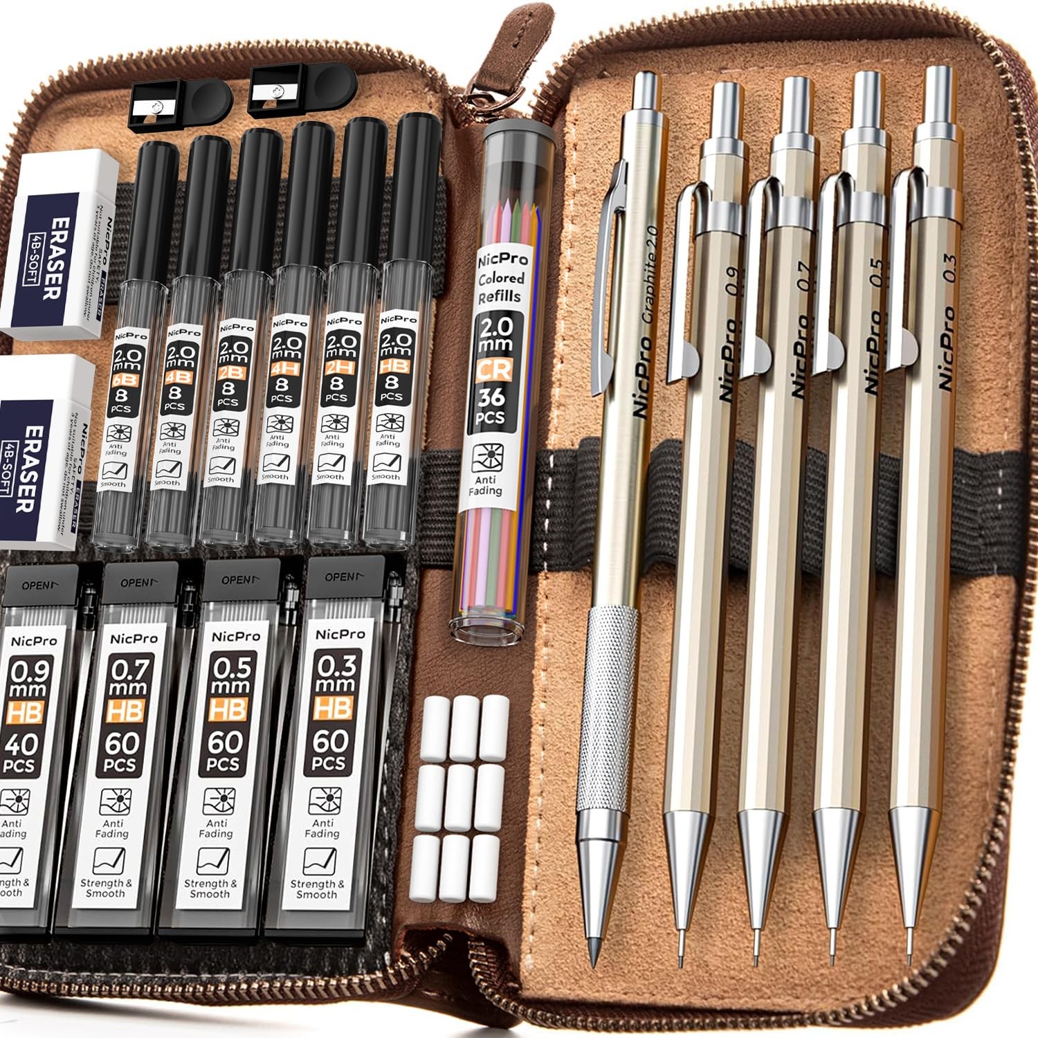 29PCS Metal Mechanical Pencil Set in Leather Case, 0.3 & 0.5 & 0.7 & 0.9 & 2m…