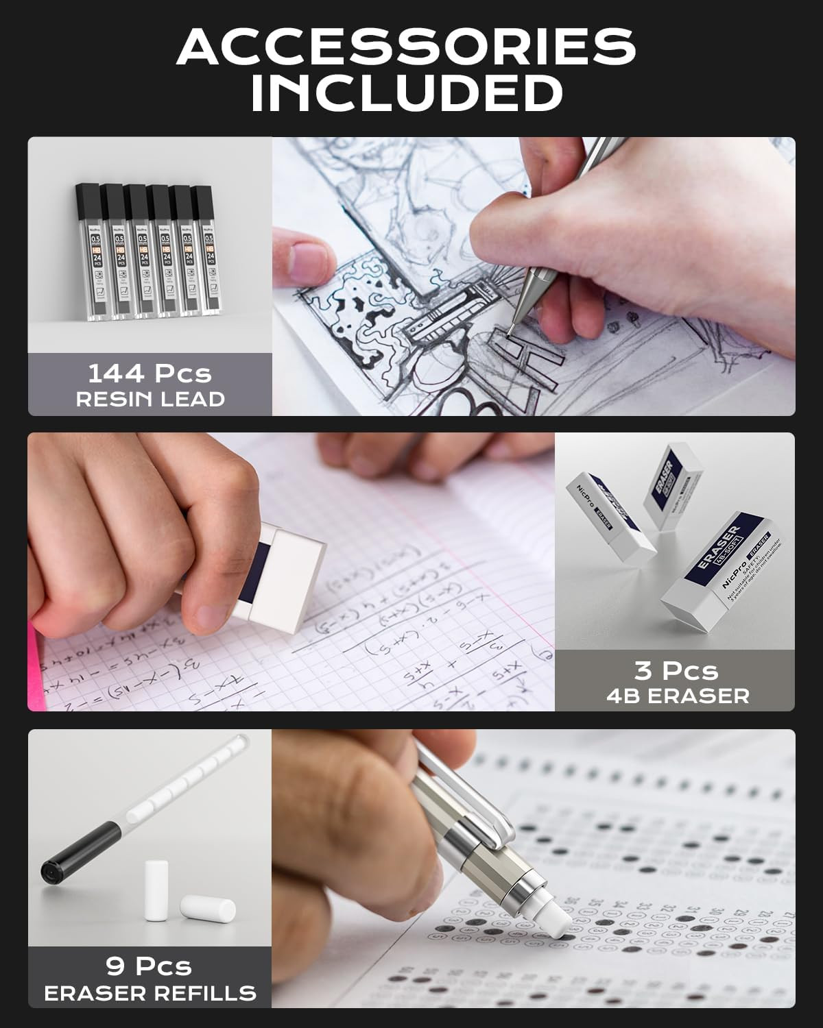 0.7Mm Mechanical Pencil Set with Case – 4PCS Metal Mechanical Pencils, 8 Tubes H