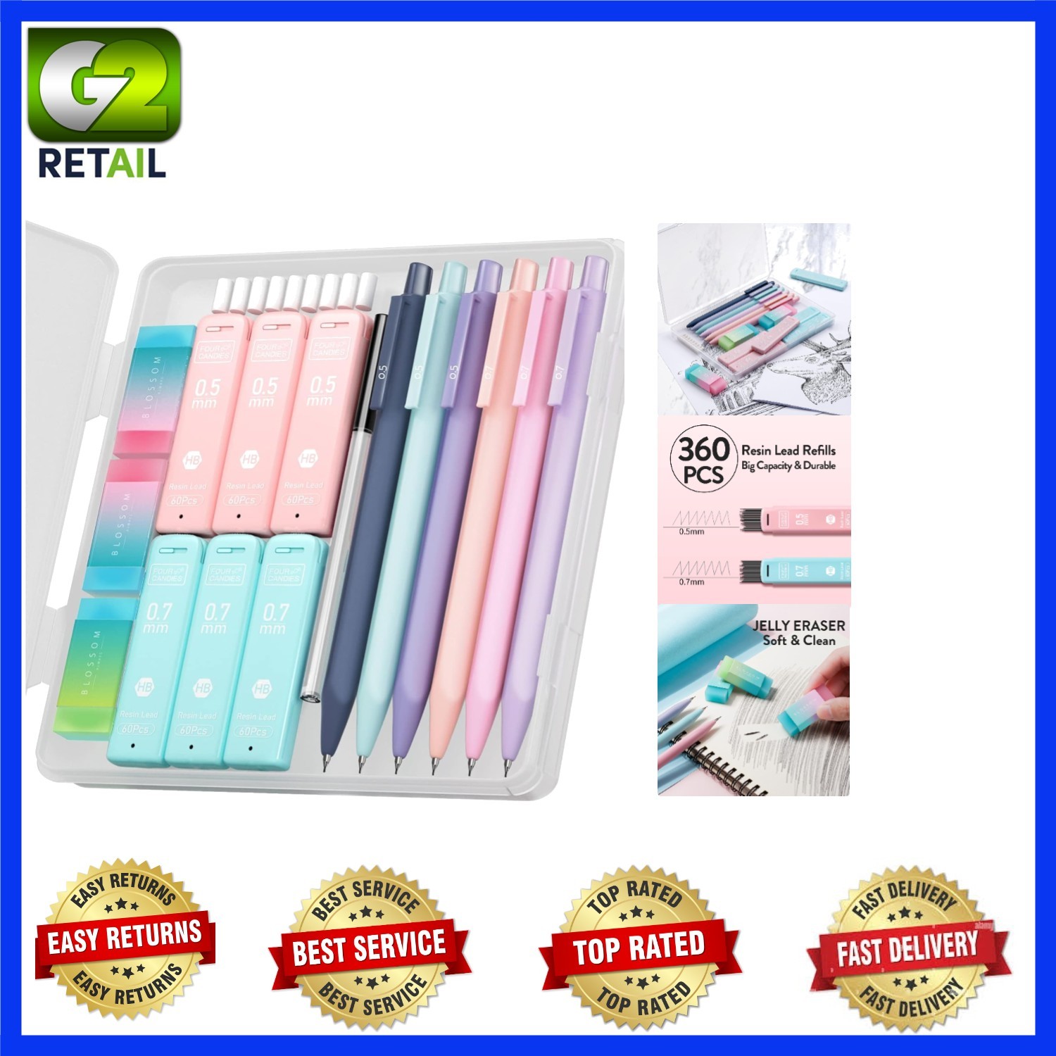 Delightful Pastel Mechanical Pencil Set with Multiple Nib Sizes & Erasers