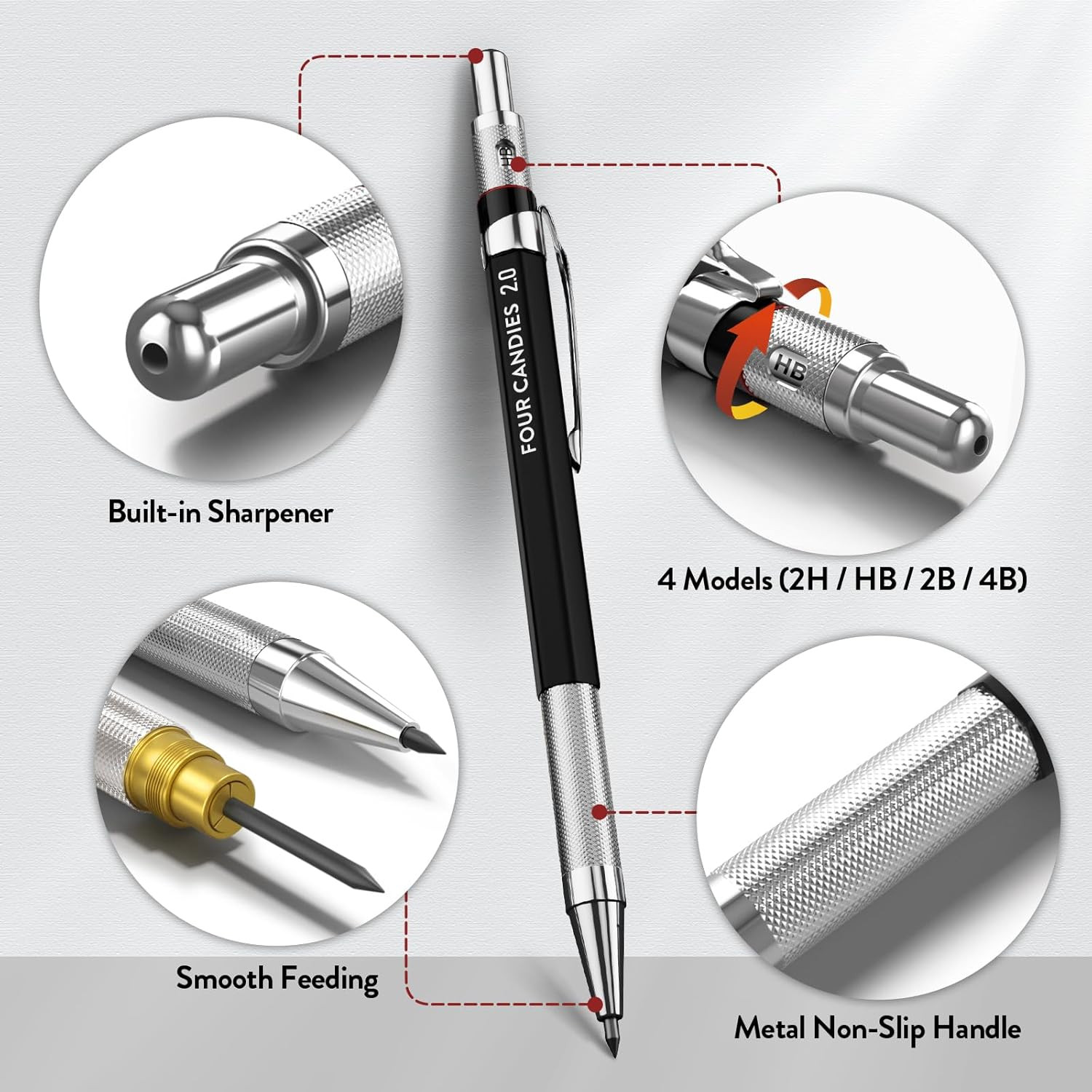 2MM Mechanical Pencil Set with case, Artist Led Pencil Metal Lead Holder with 60