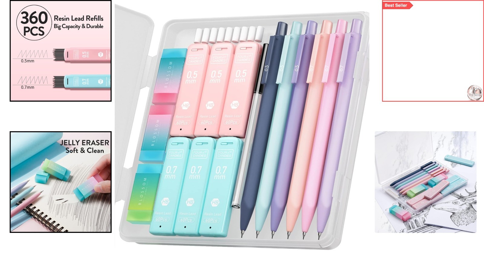 Cute Pastel Mechanical Pencil Set with Leads & Erasers
