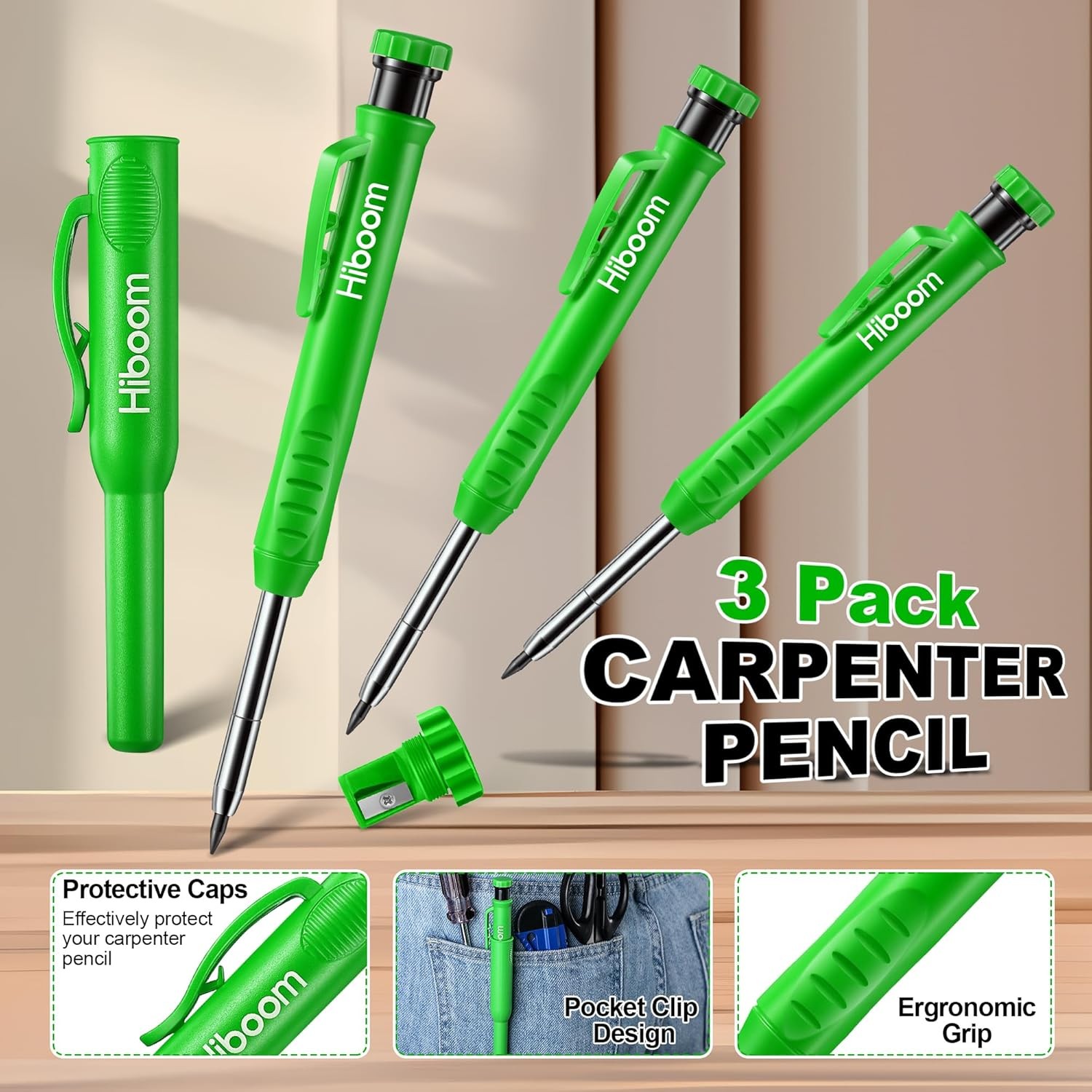 Hiboom 3 Pack Carpenter Pencil with 24 Refills (Red, Black, Yellow), Green