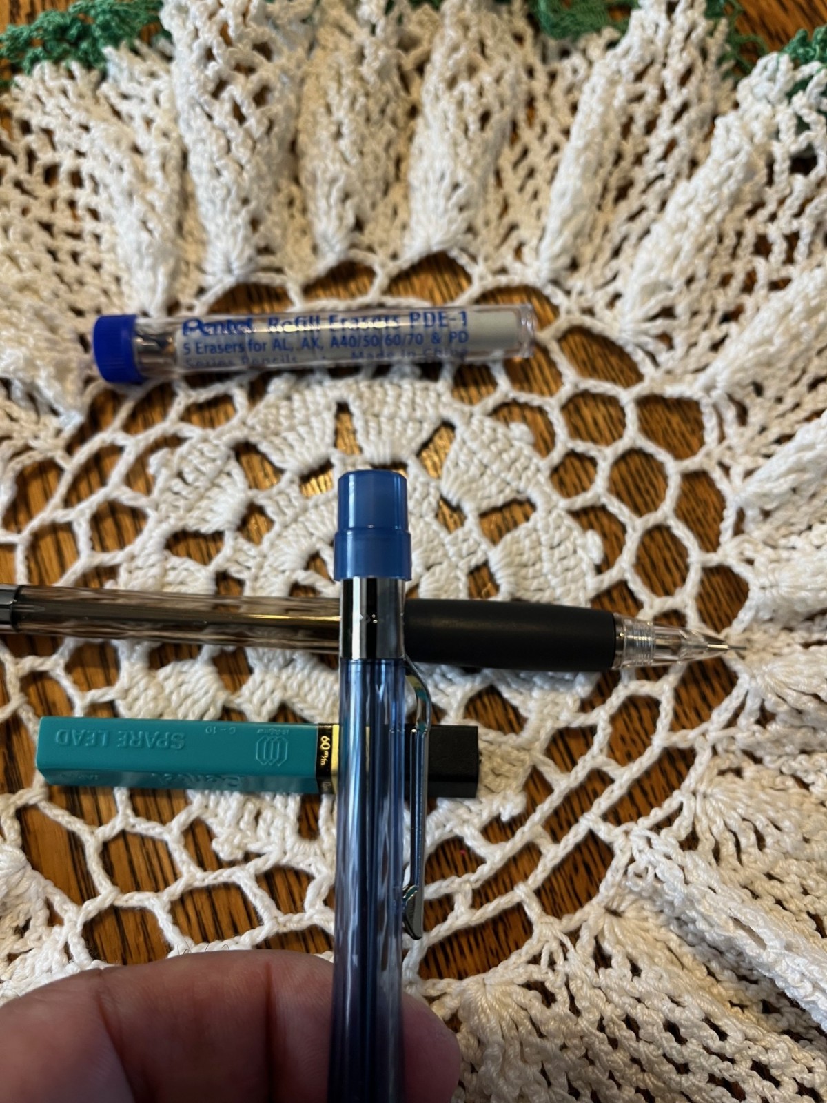 Vtg Pentel PD347 Mechanical Pencils Blue and Black 0.7mm Lead and Erasers Nice!