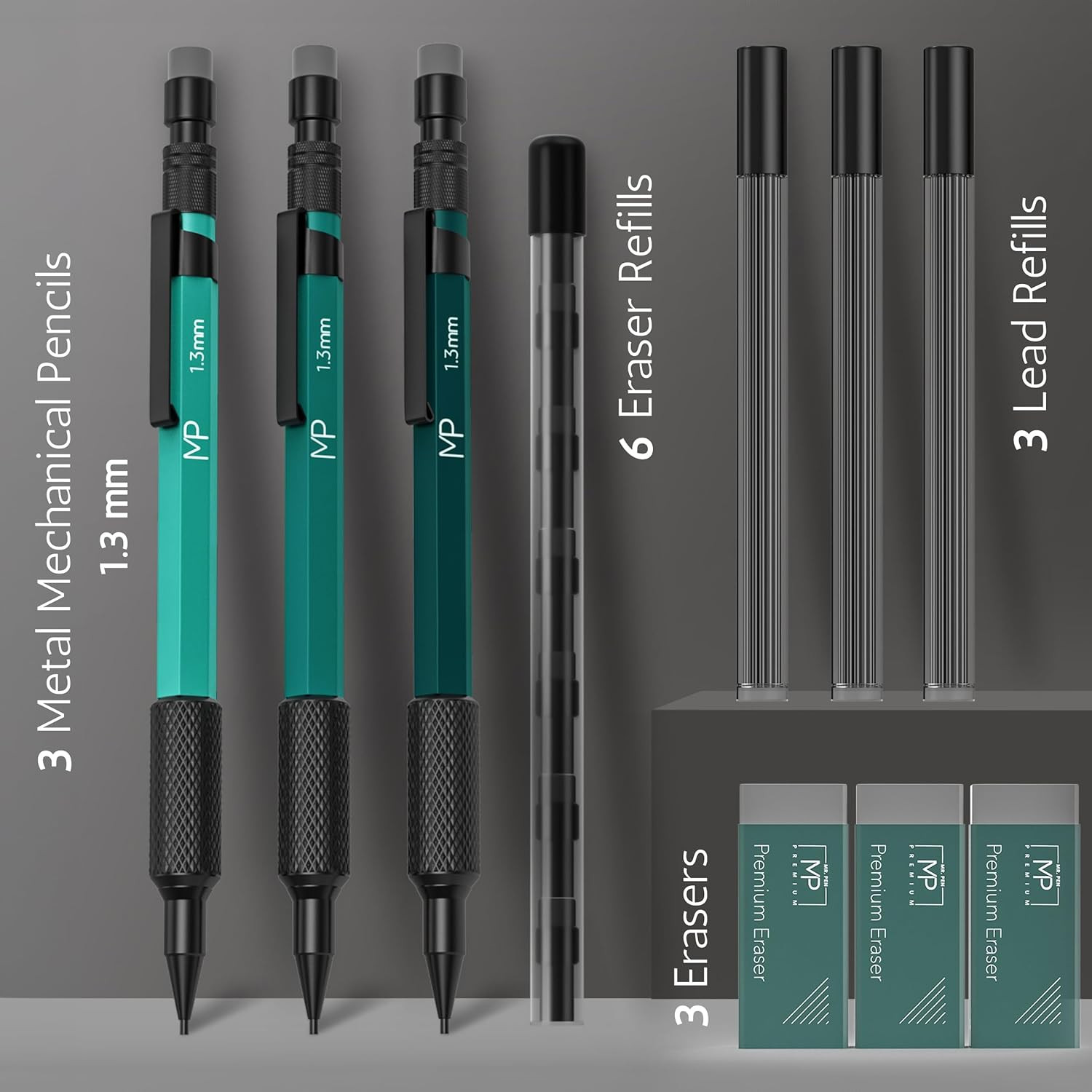 – Metal Mechanical Pencils Set with Lead and Eraser Refills, 3 Pack, 1.3 Mm Mech