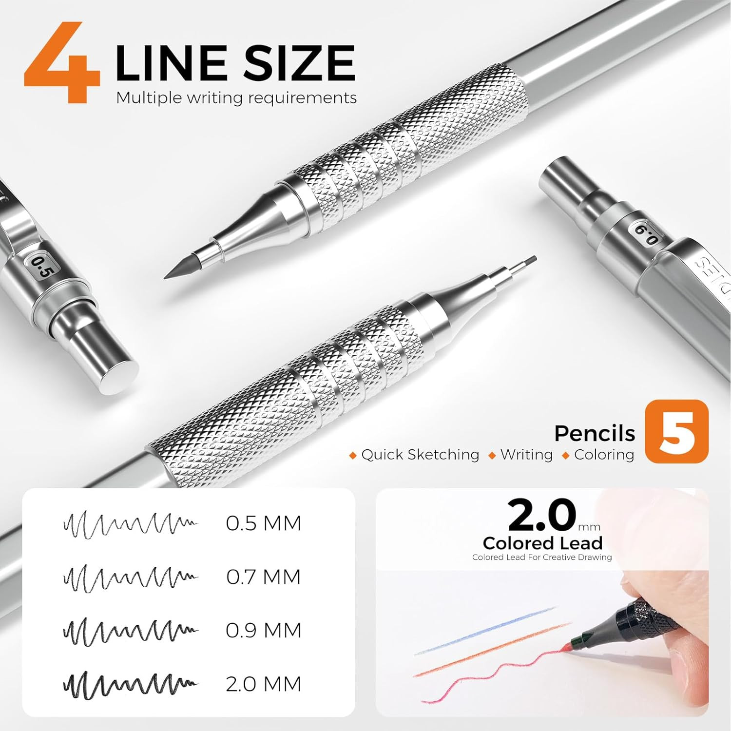 Metal Mechanical Pencil Set, 3PCS Art Drafting Pencils 0.5, 0.7, 0.9MM & 2PCS 2M