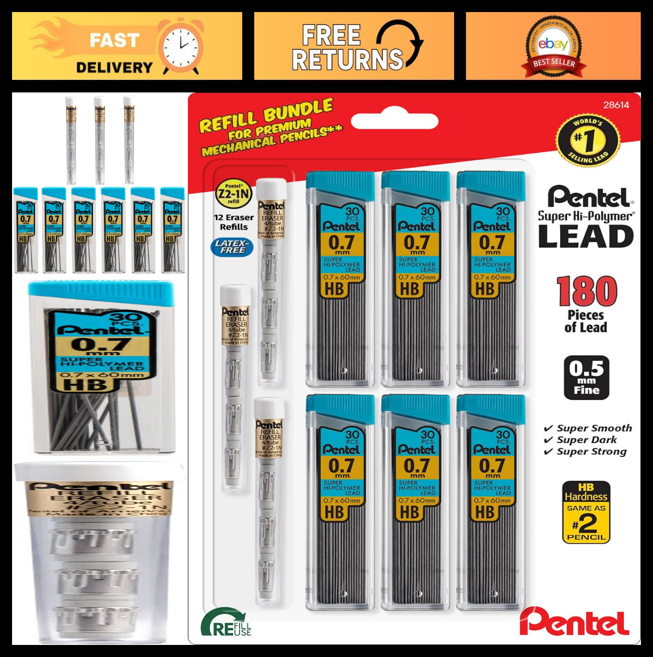 High-Quality HB 7mm Mechanical Pencil Lead Refill – 6 Packs of 30 + 3 Latex-Free