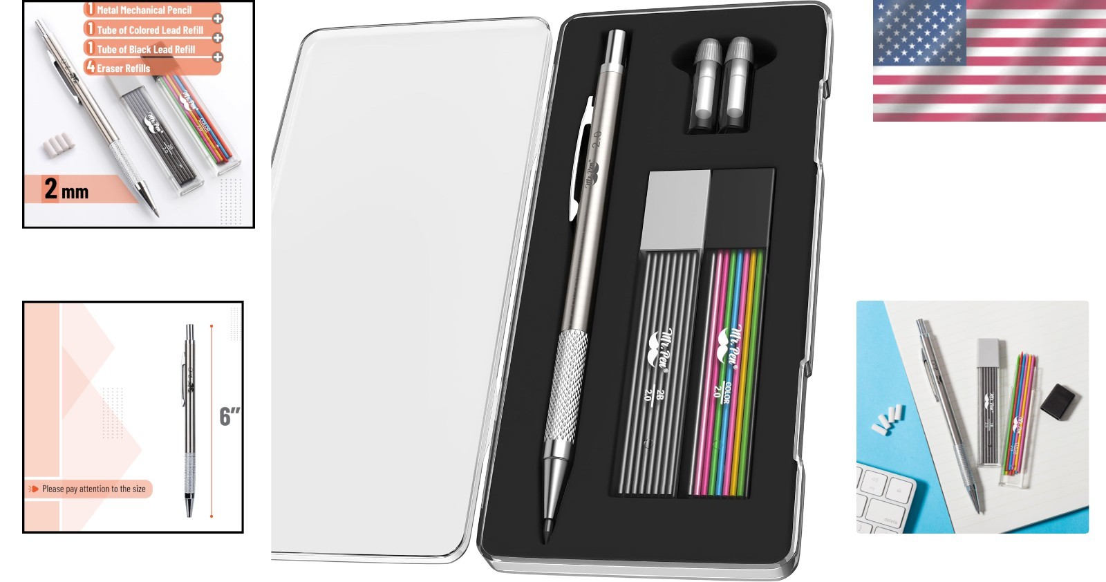 Ergonomic Metal Mechanical Pencil with Colored Lead Refills and Spare Erasers