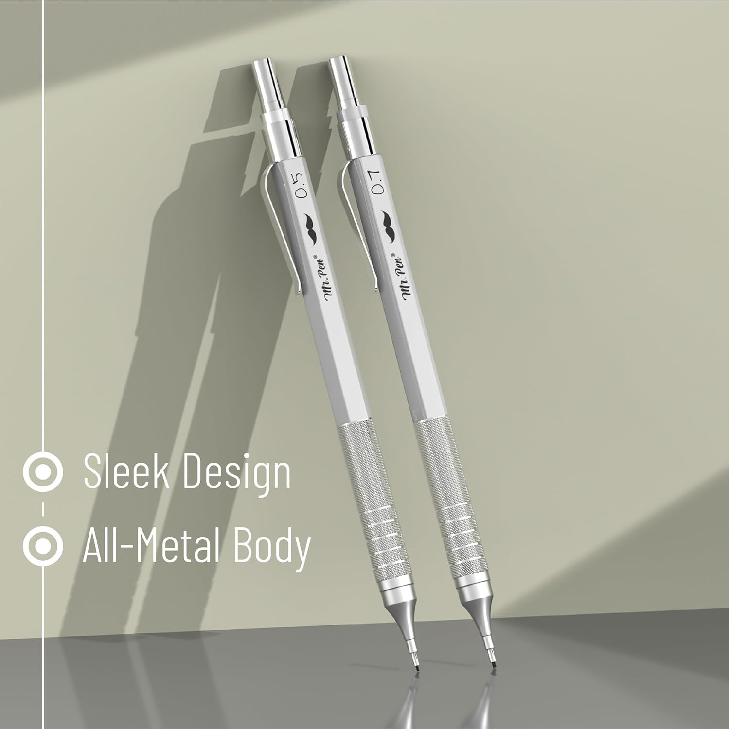 Metal Mechanical Pencil Set, 2 Sizes, 0.5 & 0.7Mm, Sketching & Drafting Pencils