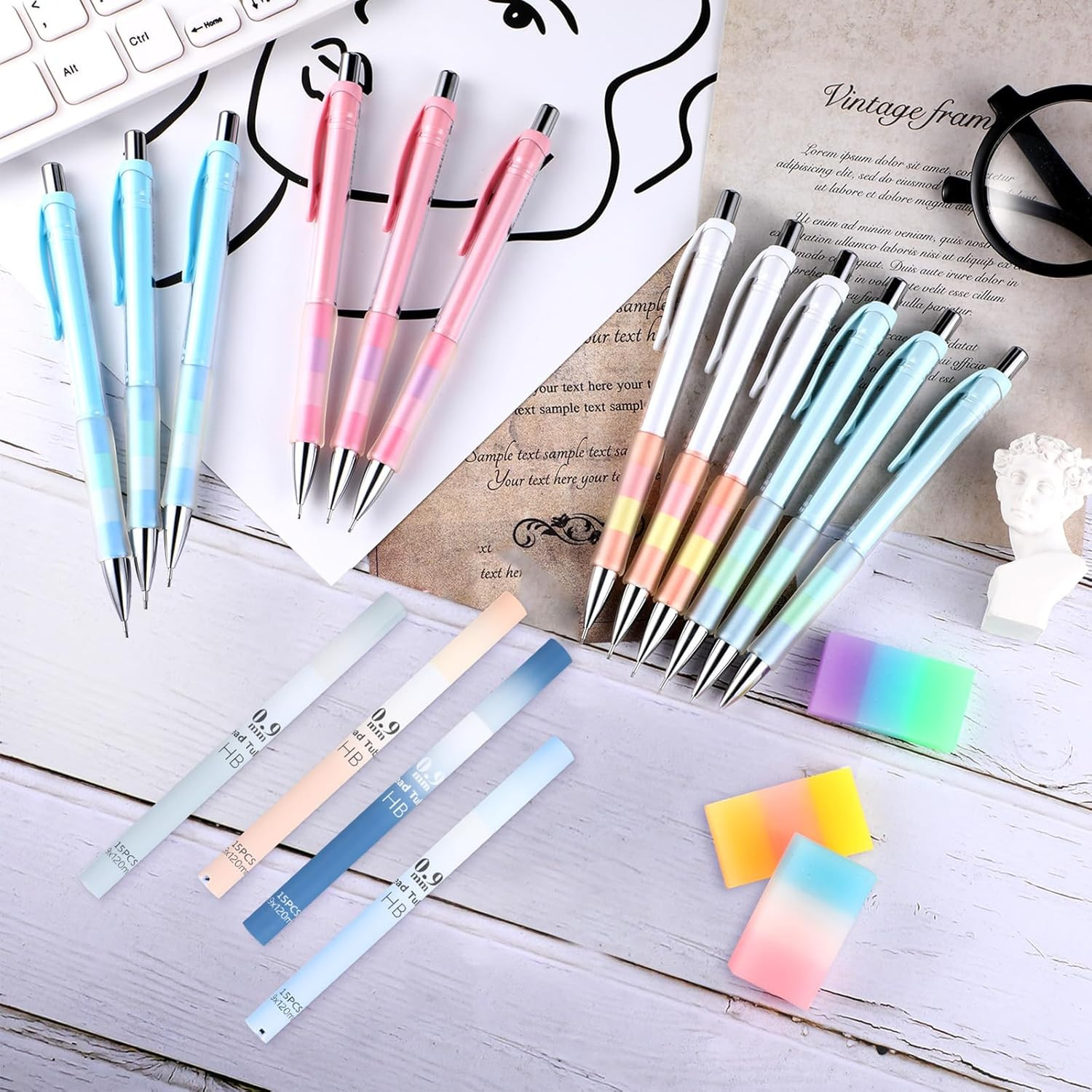 23 Pcs 0.9 Mm Mechanical Pencil Set, Includes 12 Pcs Pastel Mechanical Pencils,
