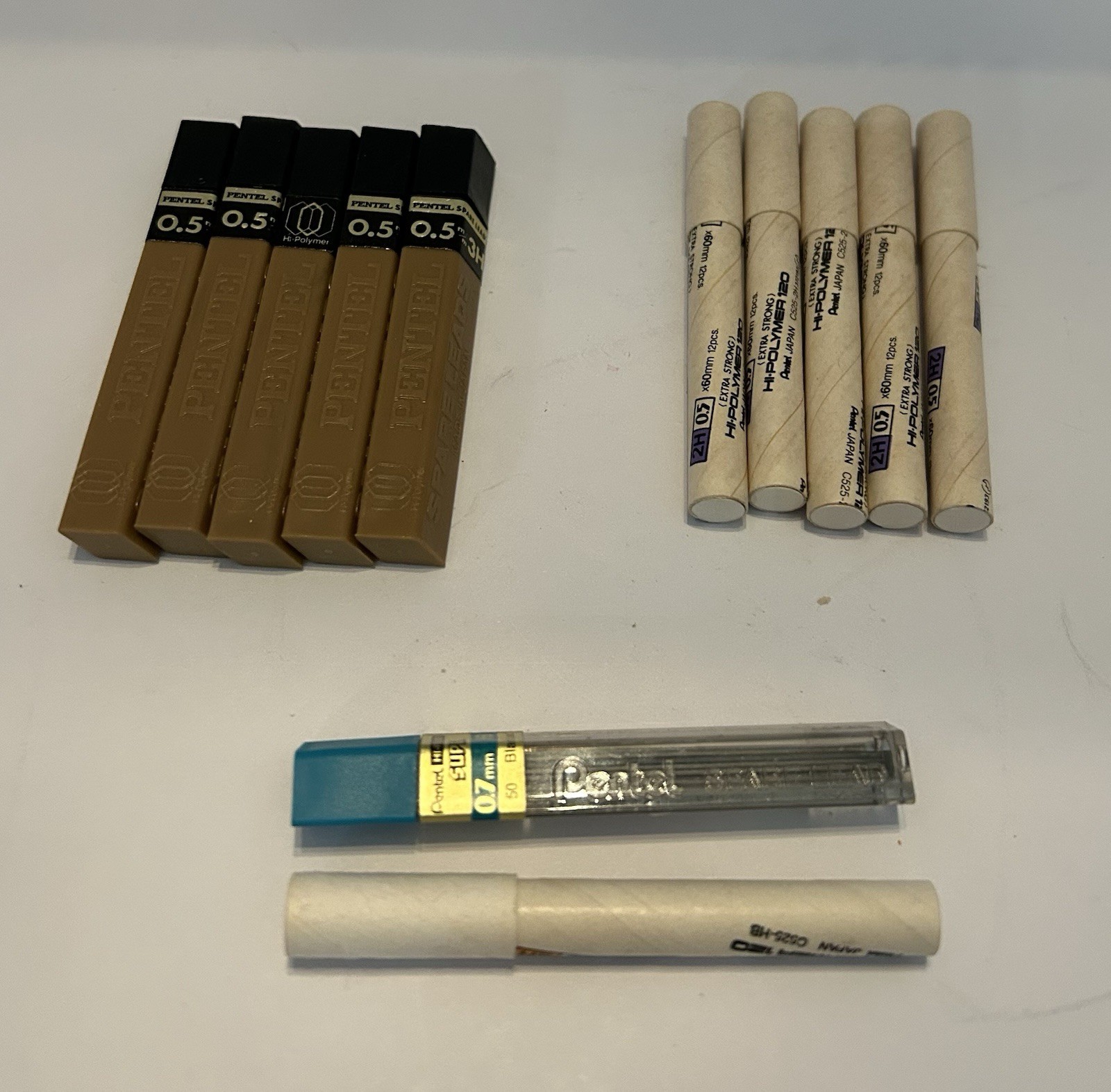 Set Of 10 Tubes ~ Pentel 0.5 mm Extra Fine 3H & Extra Strong 2H ~ + 2 More Tubes