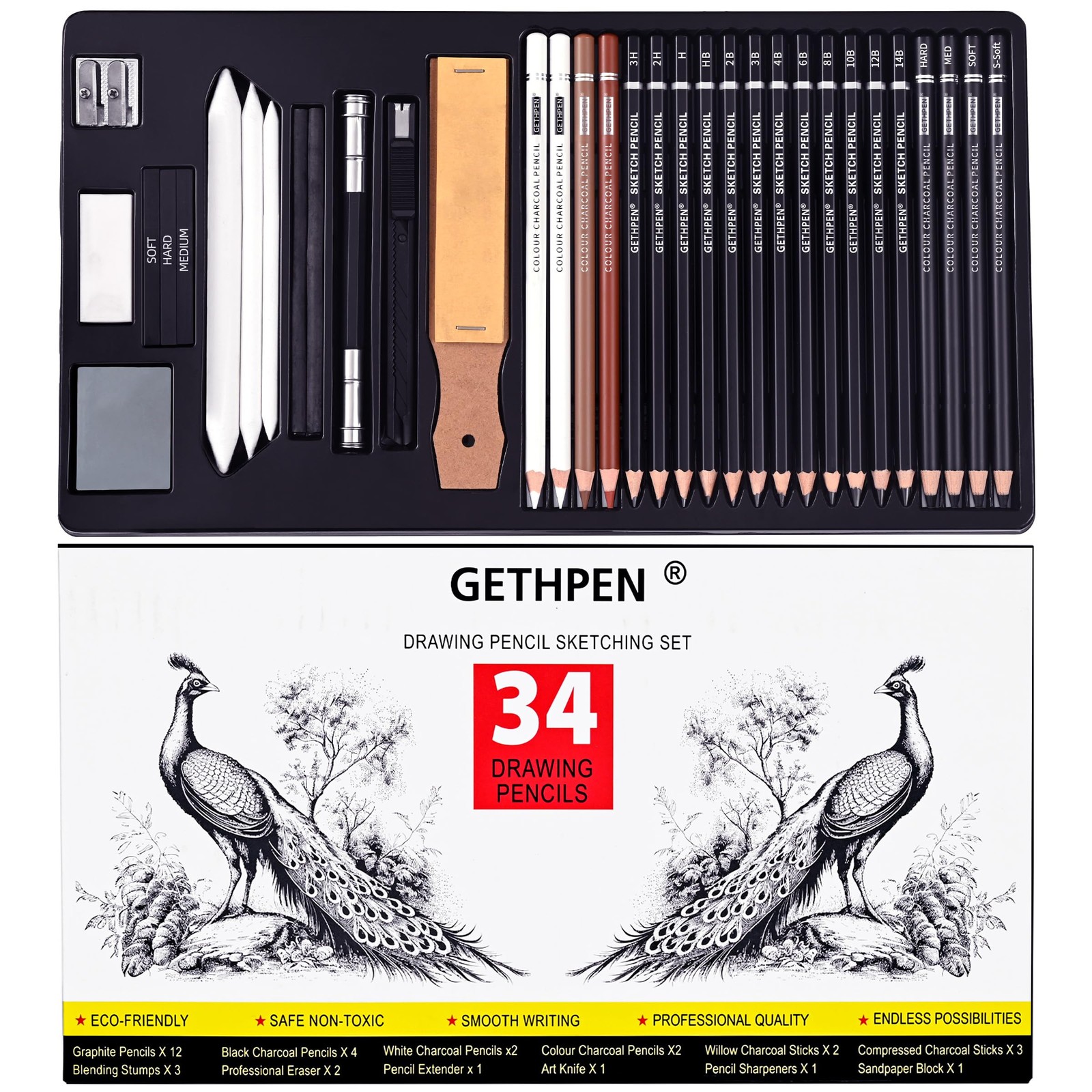 GETHPEN Sketch Pencils for Drawing,34 1 Count (Pack of 34), 34 Pack – Black