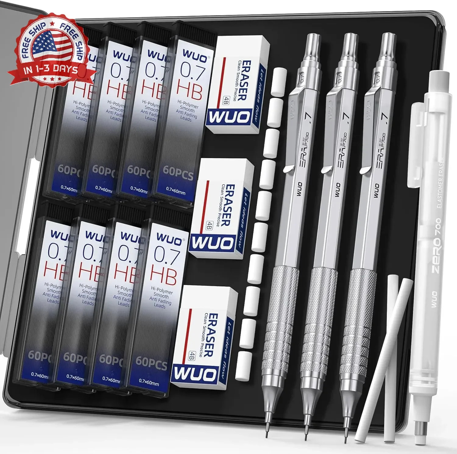 WUO 0.7mm Mechanical Pencil Set,3PCS Metal Pencils with 8 Tubes (480PCS) HB Lead