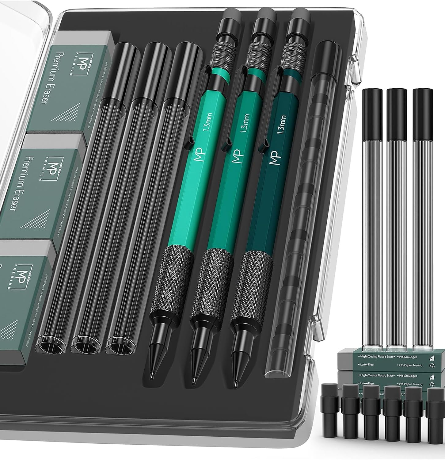 – Metal Mechanical Pencils Set with Lead and Eraser Refills, 3 Pack, 1.3 Mm Mech