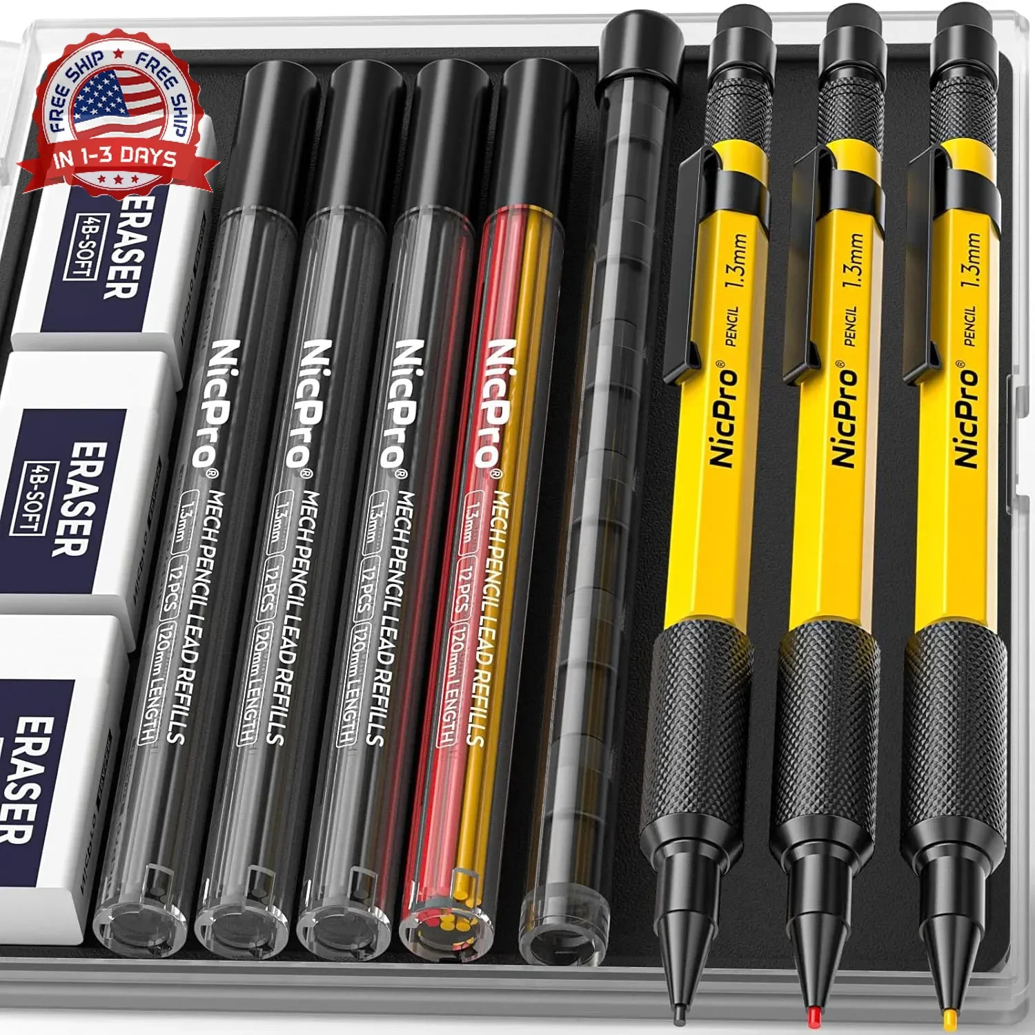 Nicpro 3 PCS 1.3 mm Mechanical Pencil Set with 48 Lead Refills, 3 Eraser – Weath