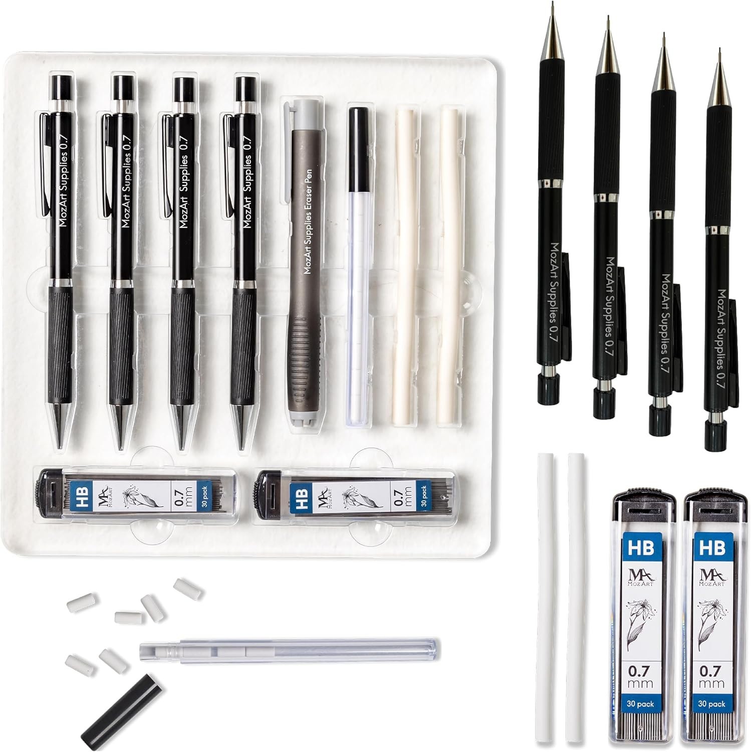 MozArt Mechanical Pencil 0.7mm Set 2×30 HB Lead & Eraser Pen Refills | Metal …